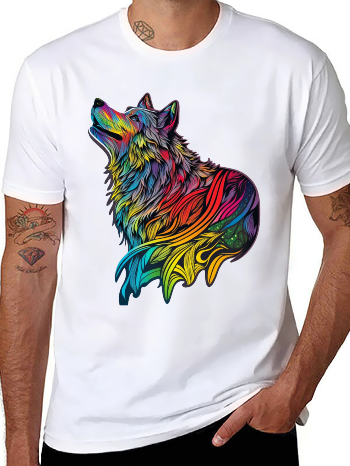 Black Rainbow Wolf Graphic Black T-Shirt view 8