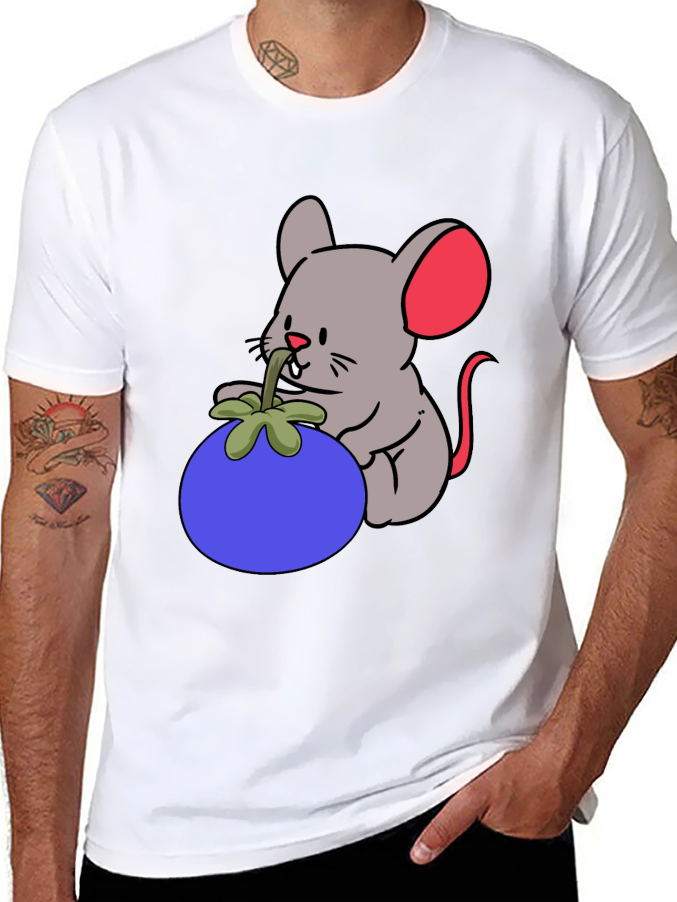 Black Cartoon Mouse & Berry Graphic Black T-Shirt view 8