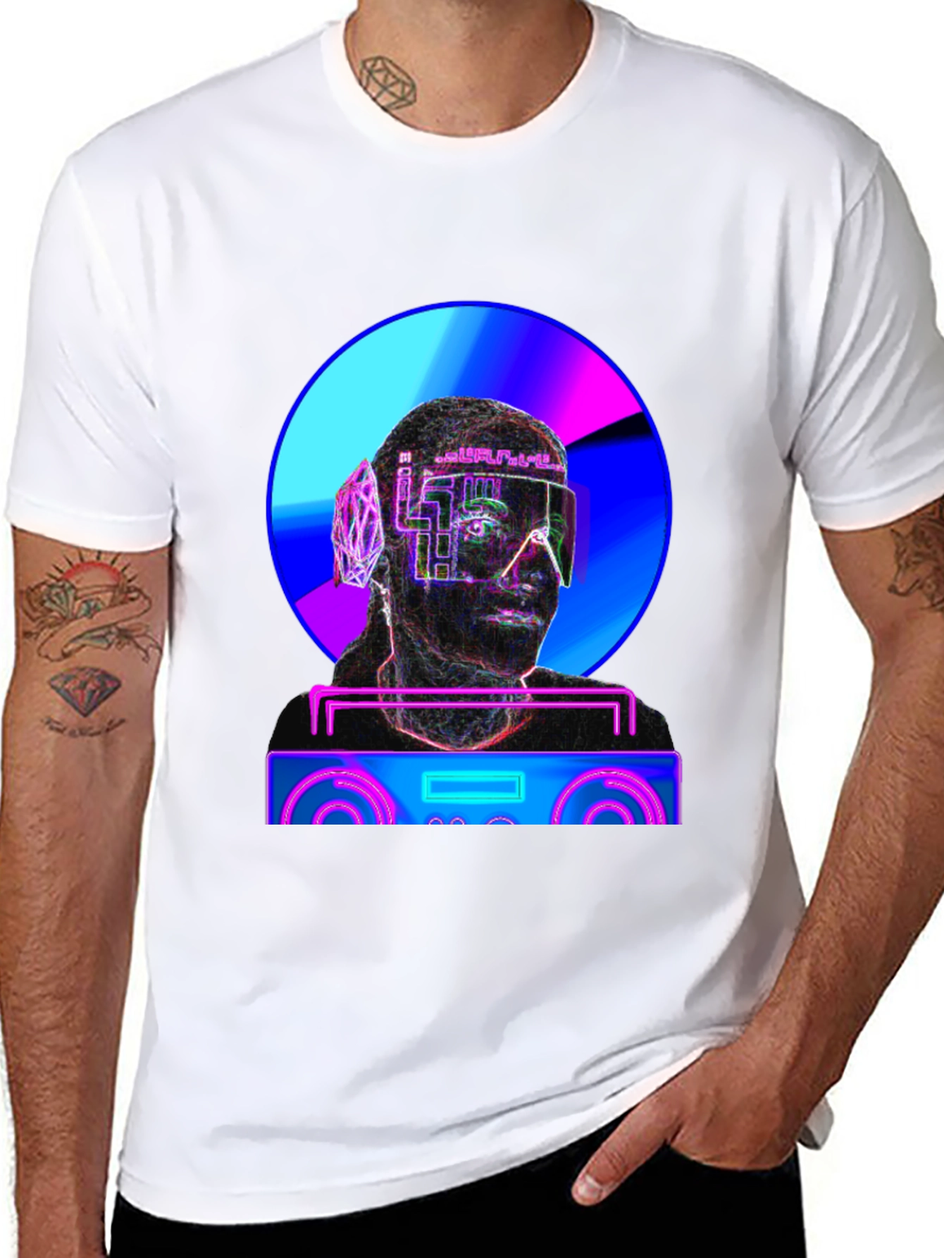 Black Cyberpunk DJ T-Shirt - Futuristic Neon Design view 8
