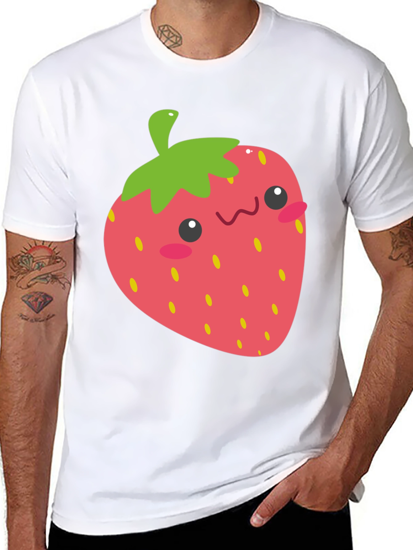 Black Cute Strawberry Graphic Tee - Black Cotton T-Shirt view 8