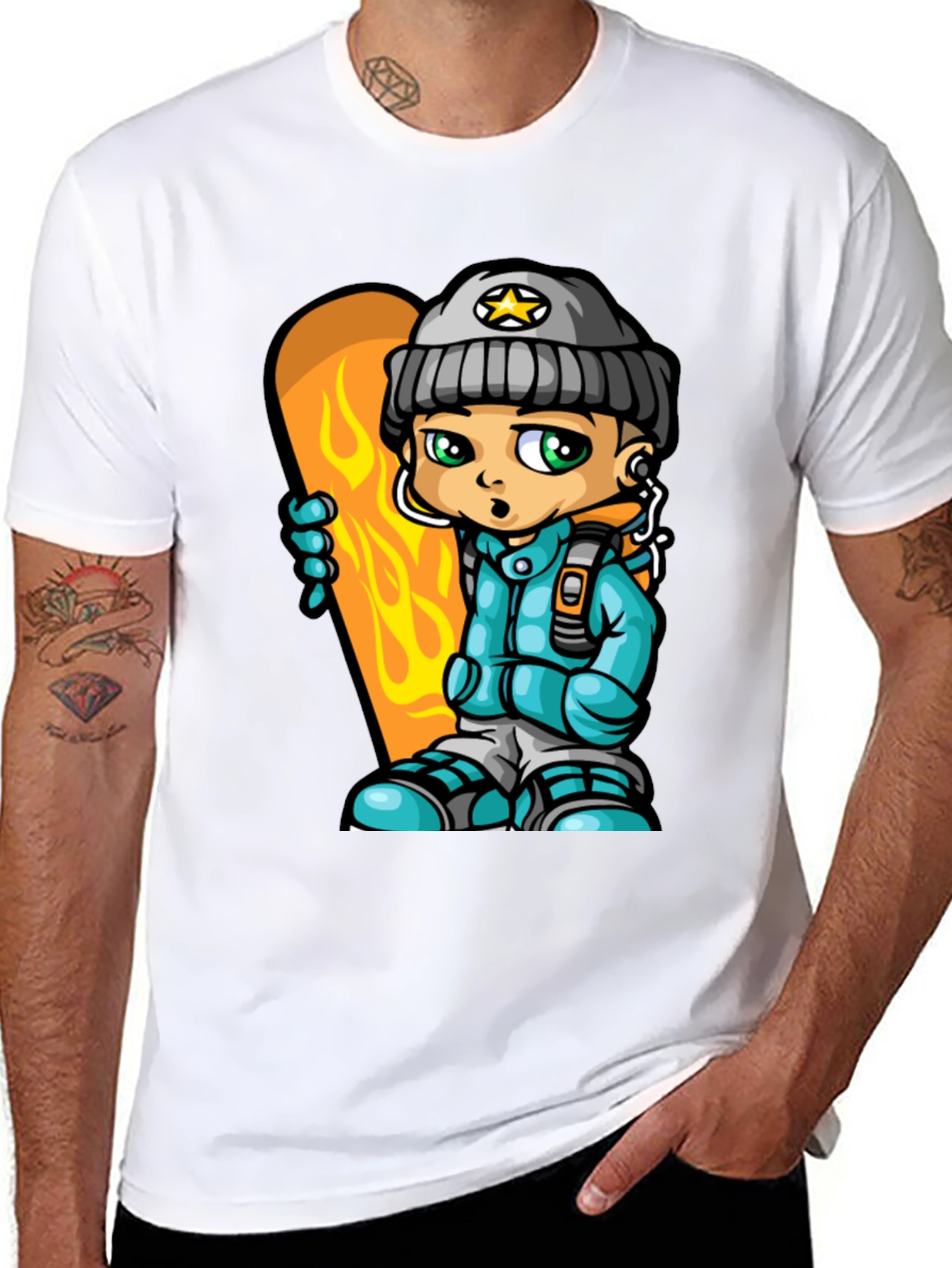 Black Cartoon Snowboarder Graphic Tee - Black Cotton Blend view 8