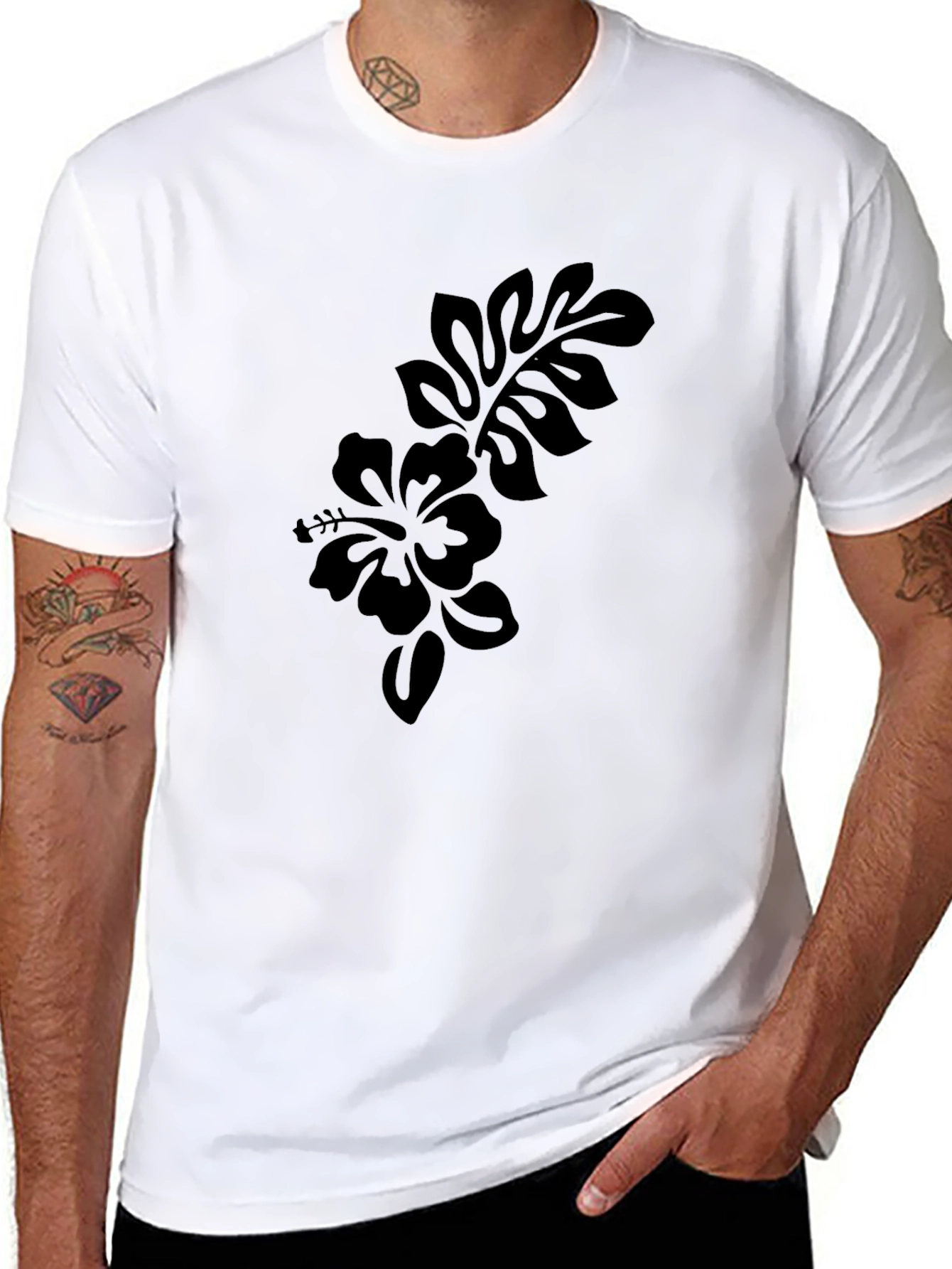Black Men's Black Hibiscus Flower Graphic Tee view 8
