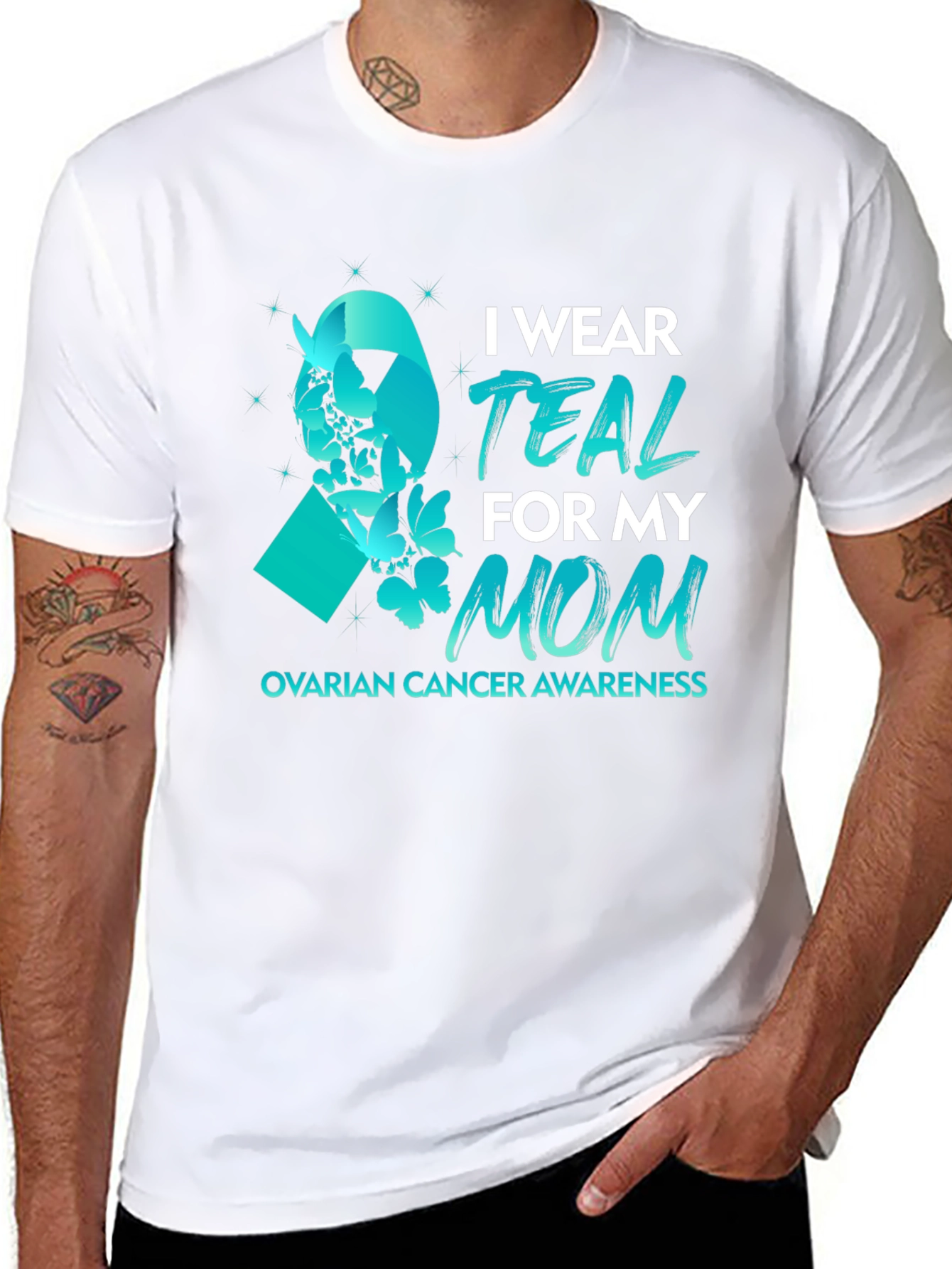 Teal Ribbon Ovarian Cancer Awareness T-Shirt - 8