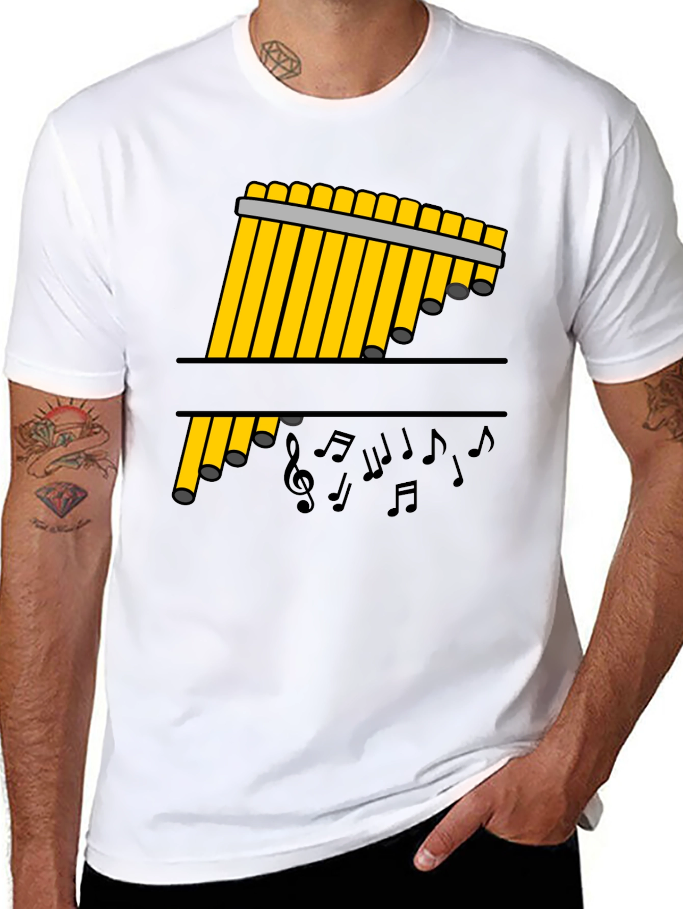 Black Pan Flute Music Notes Black Graphic Tee view 8