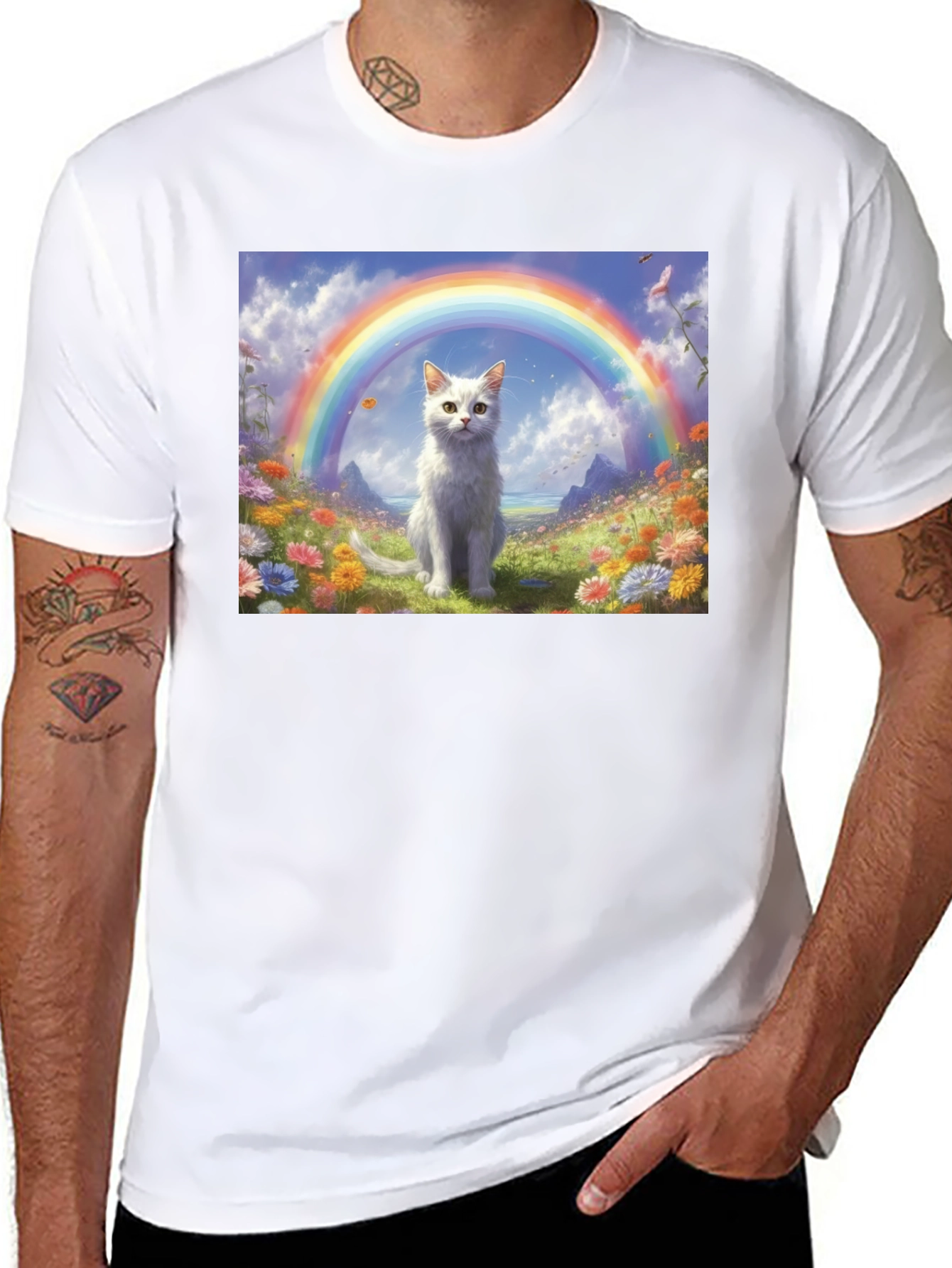 Black Cat Rainbow Field T-Shirt - Unique Design view 8