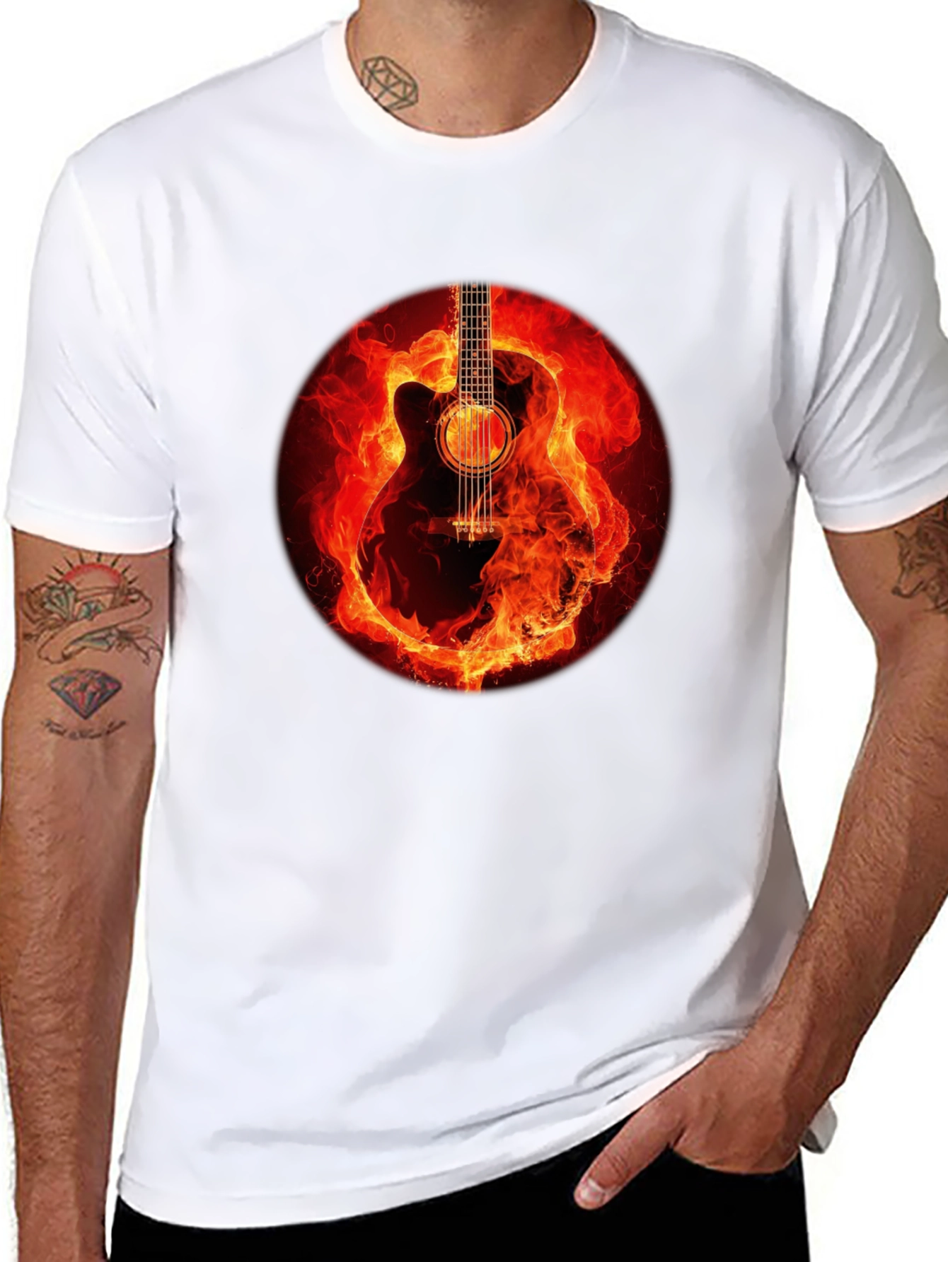 Black Fiery Guitar Graphic Tee - Black Cotton Blend view 8