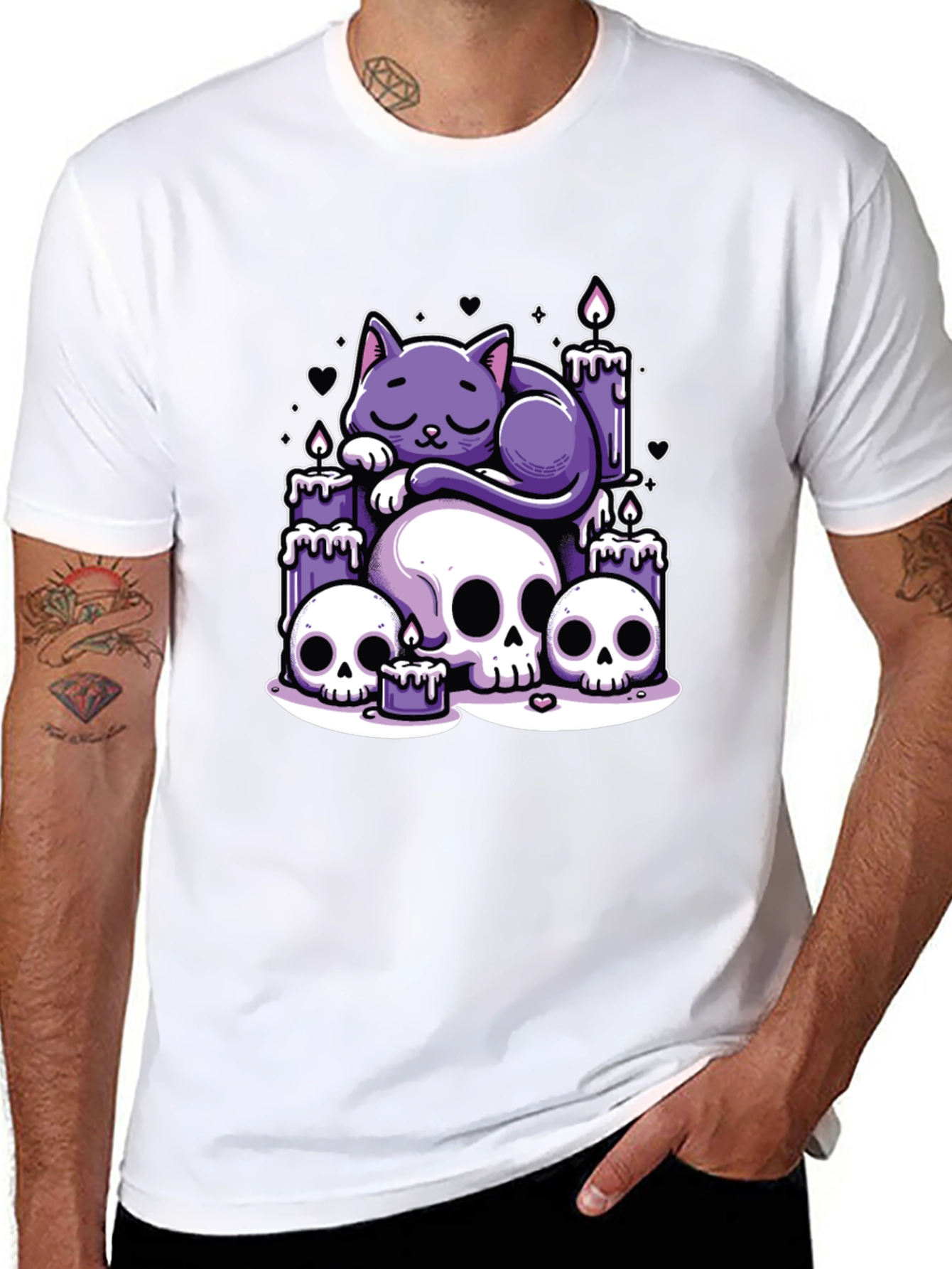 Black Gothic Cat Skull Candle Graphic Tee view 8