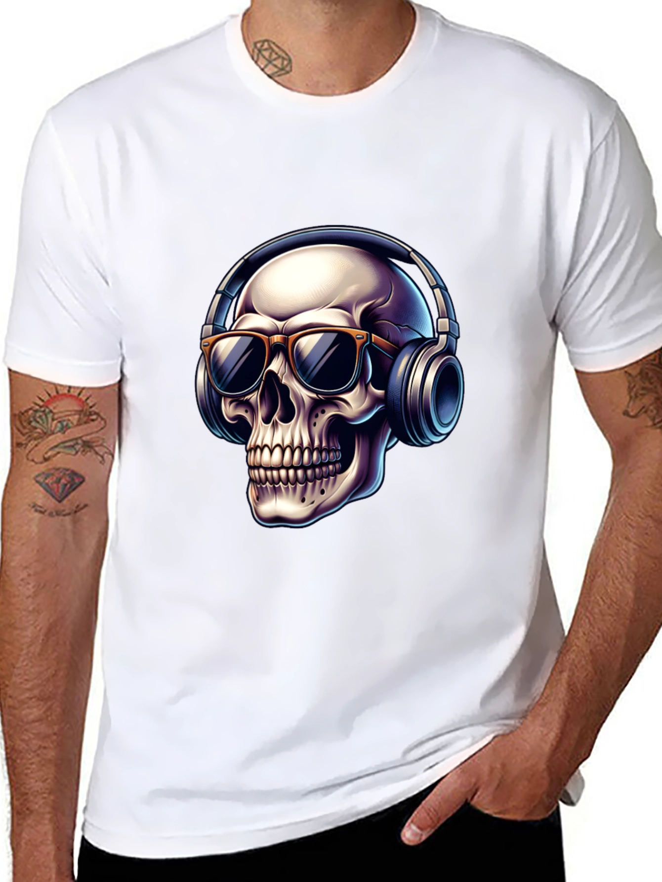 Black Skull with Headphones Graphic T-Shirt - Cool Design view 8