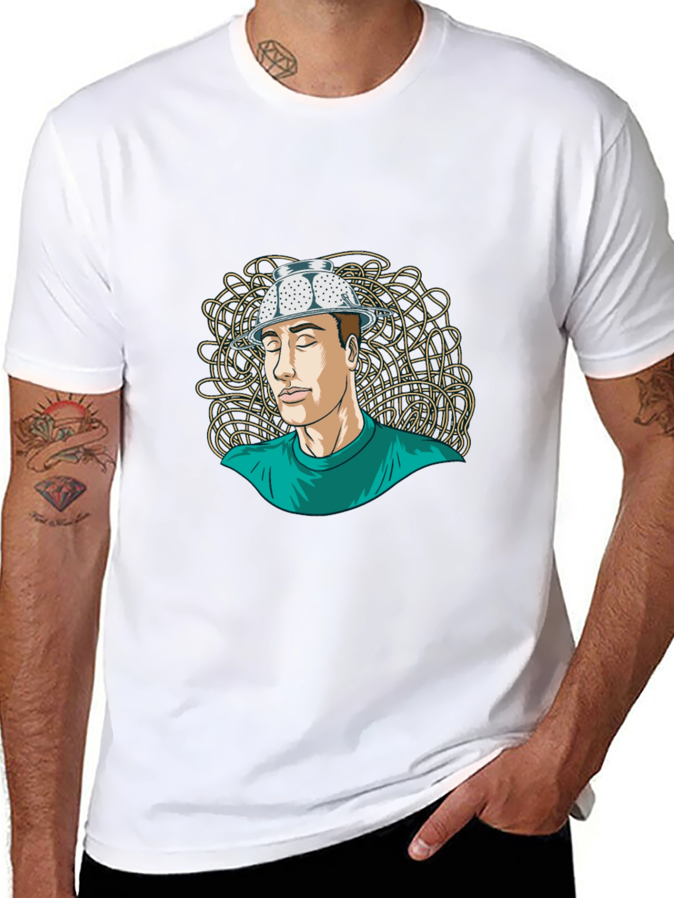 Black Colander Hat Man Tee - Quirky Graphic T-Shirt view 8