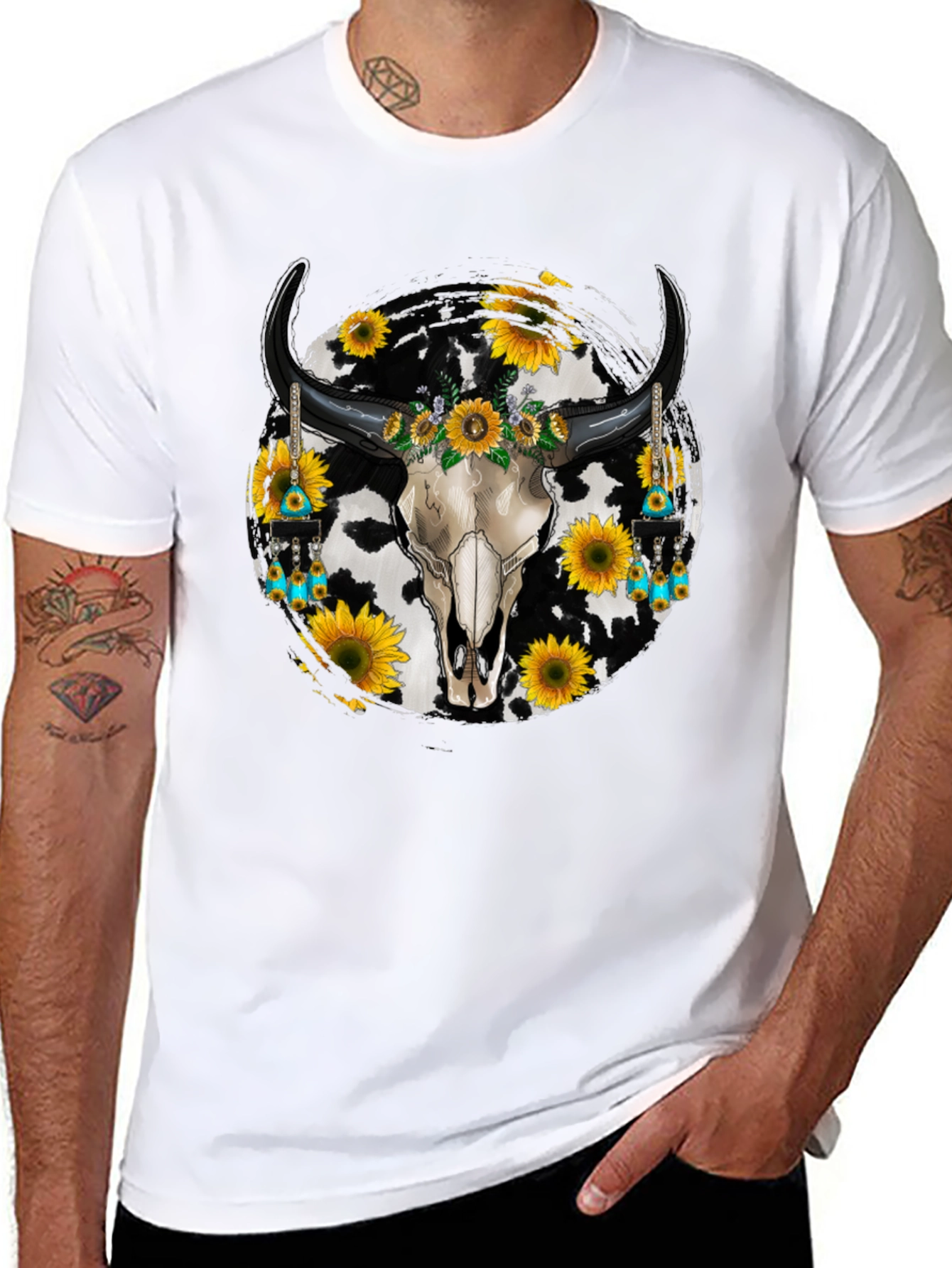 Black Cow Skull Sunflower Graphic Tee view 8