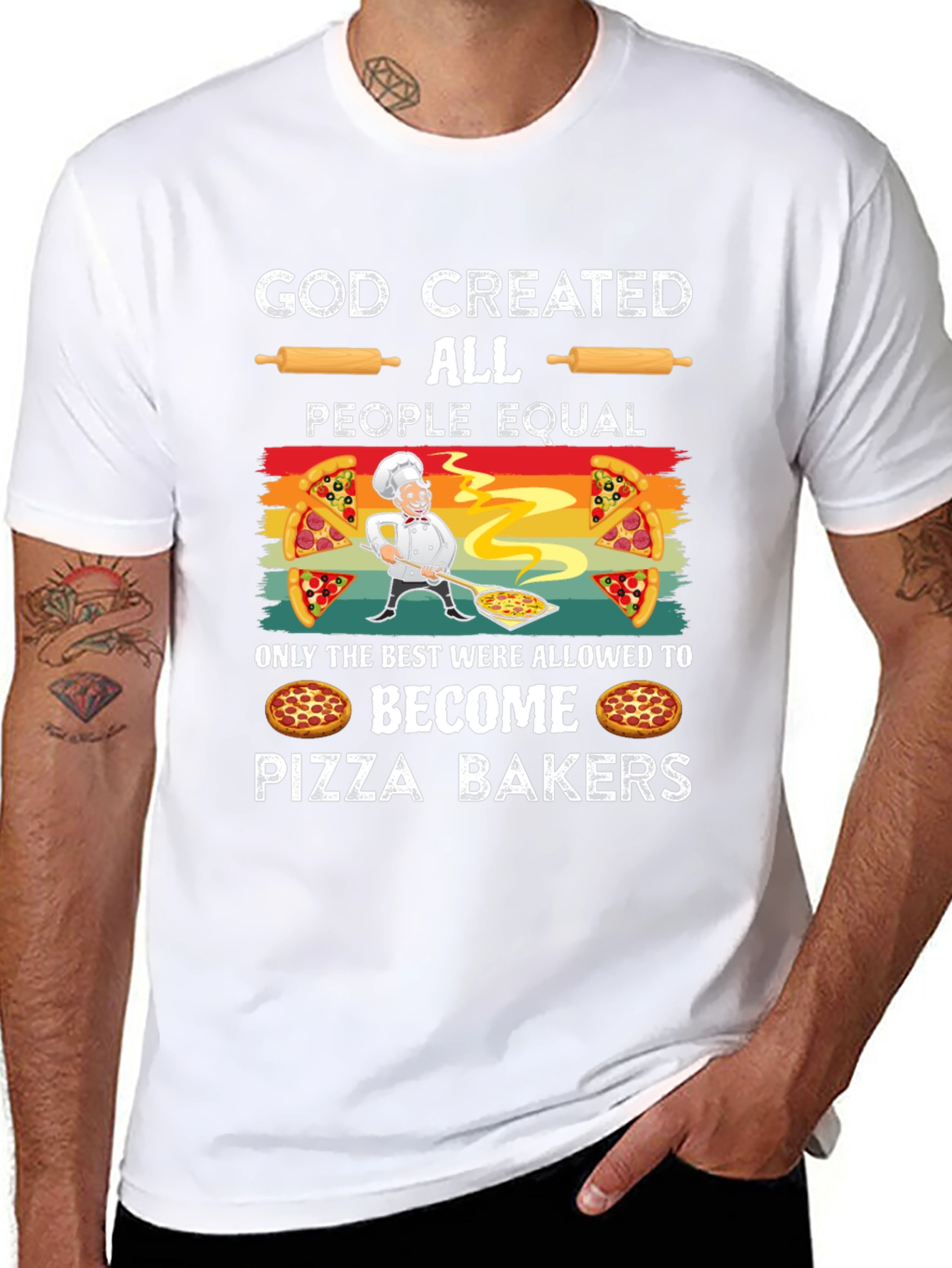 Black God Created Pizza Bakers Funny T-Shirt view 8