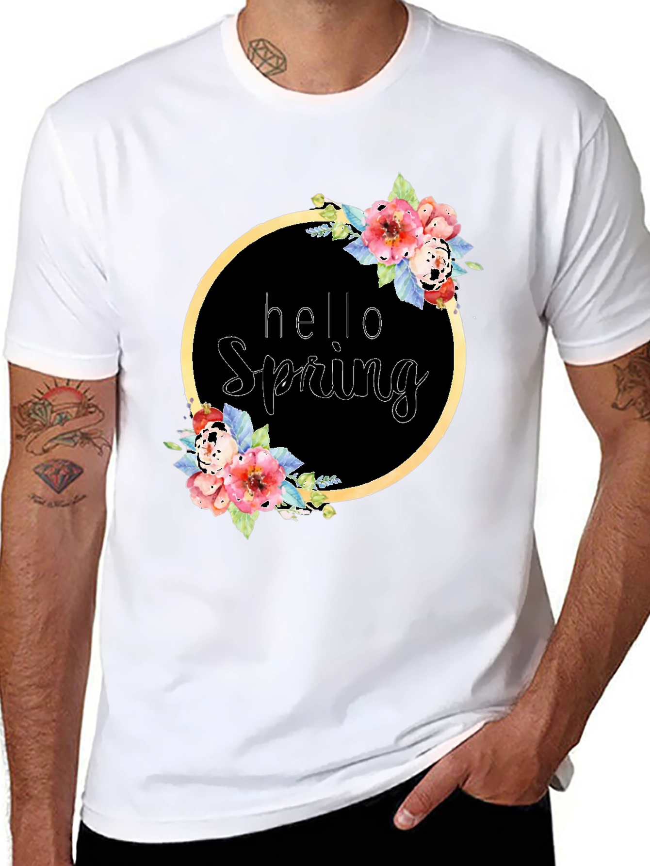 Black Hello Spring Floral Wreath T-Shirt view 8