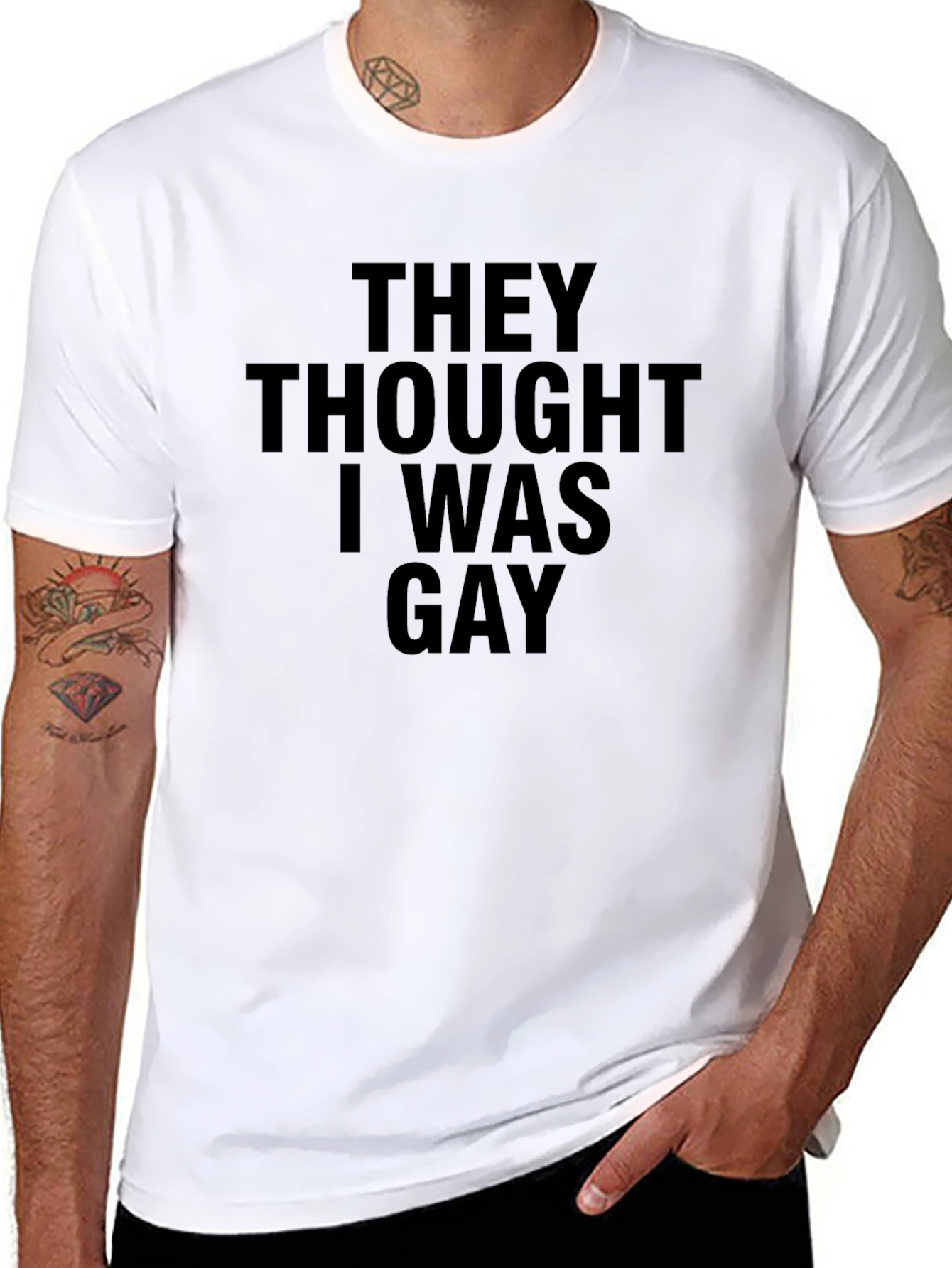 Black Humorous "They Thought I Was Gay" Black T-Shirt view 8