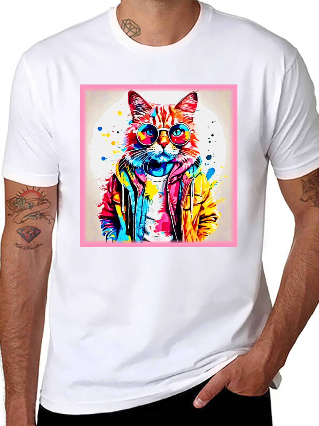 Black Cool Cat Graphic Tee - Colorful Art Design view 8