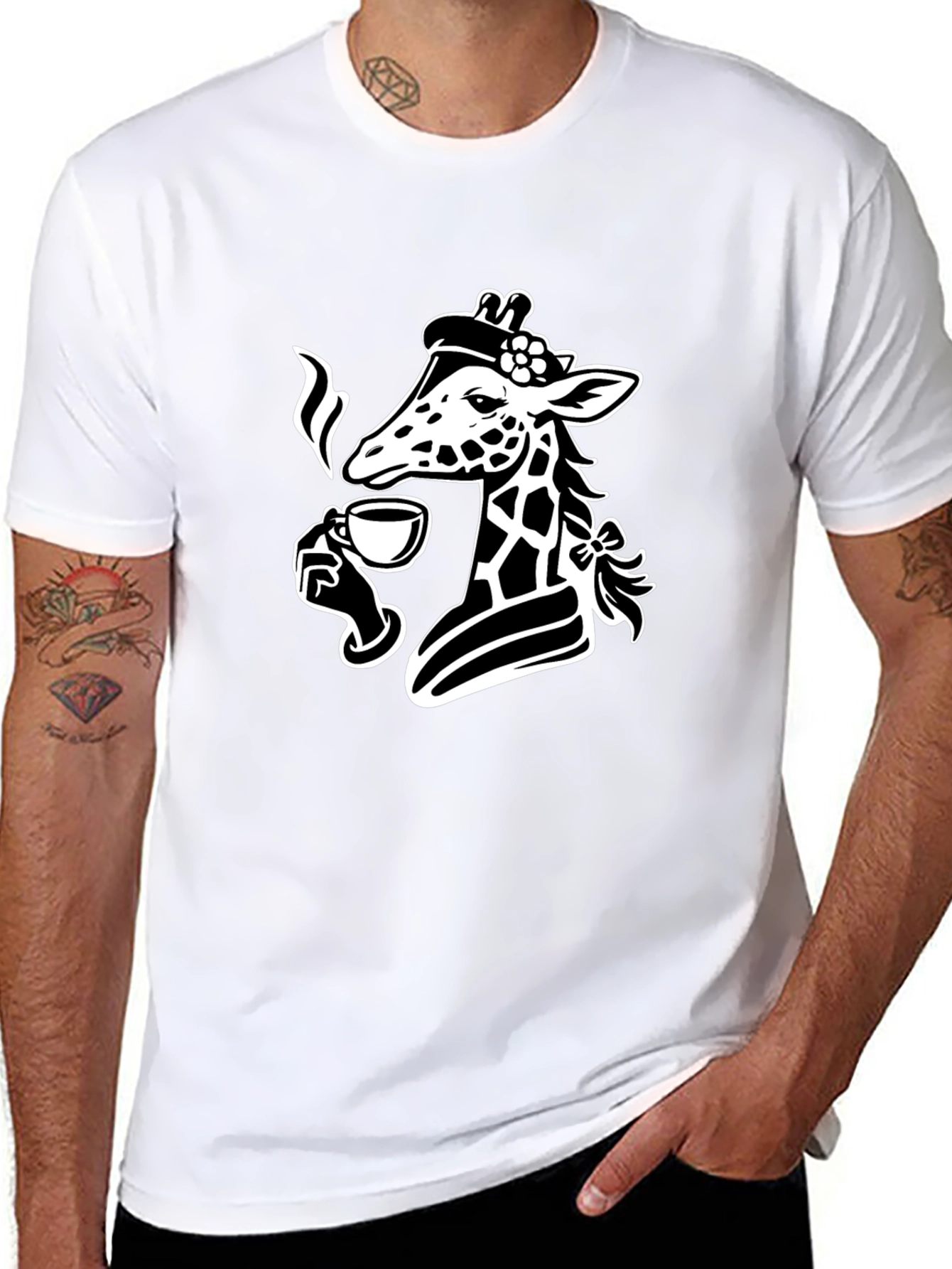 Black Giraffe Sipping Tea Black T-Shirt - Unique Graphic Tee view 8