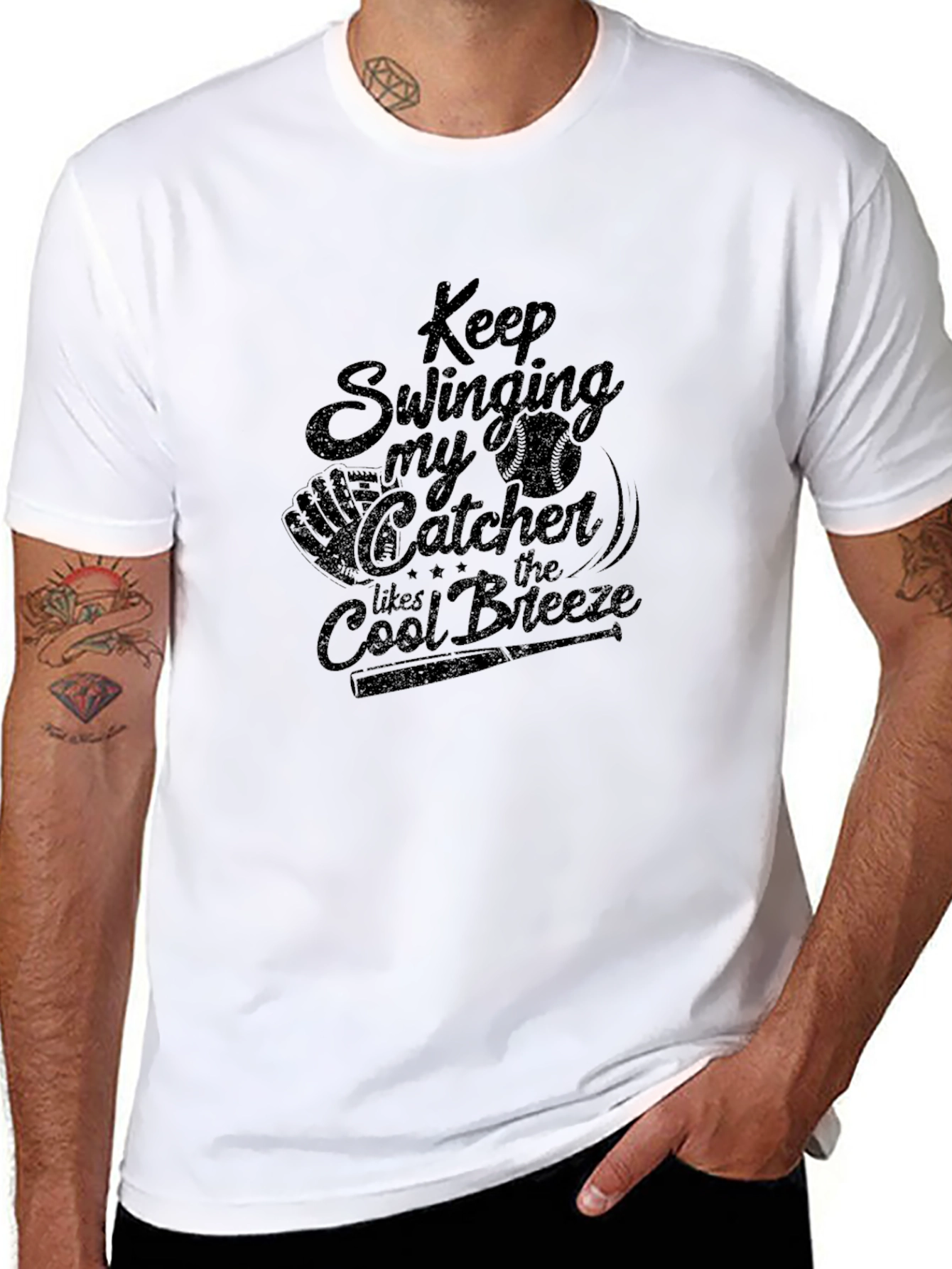 Black Keep Swinging Catcher Graphic T-Shirt view 8