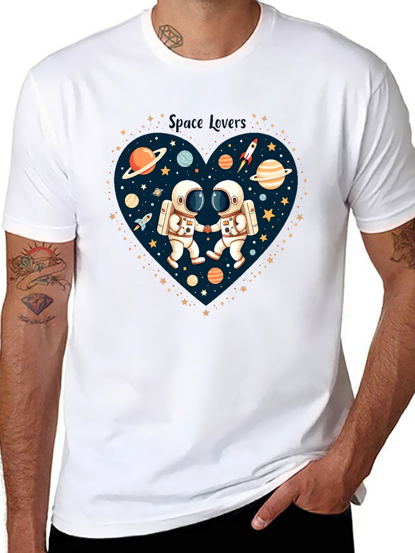 Black Space Lovers Graphic T-Shirt - Astronauts in Love! view 8