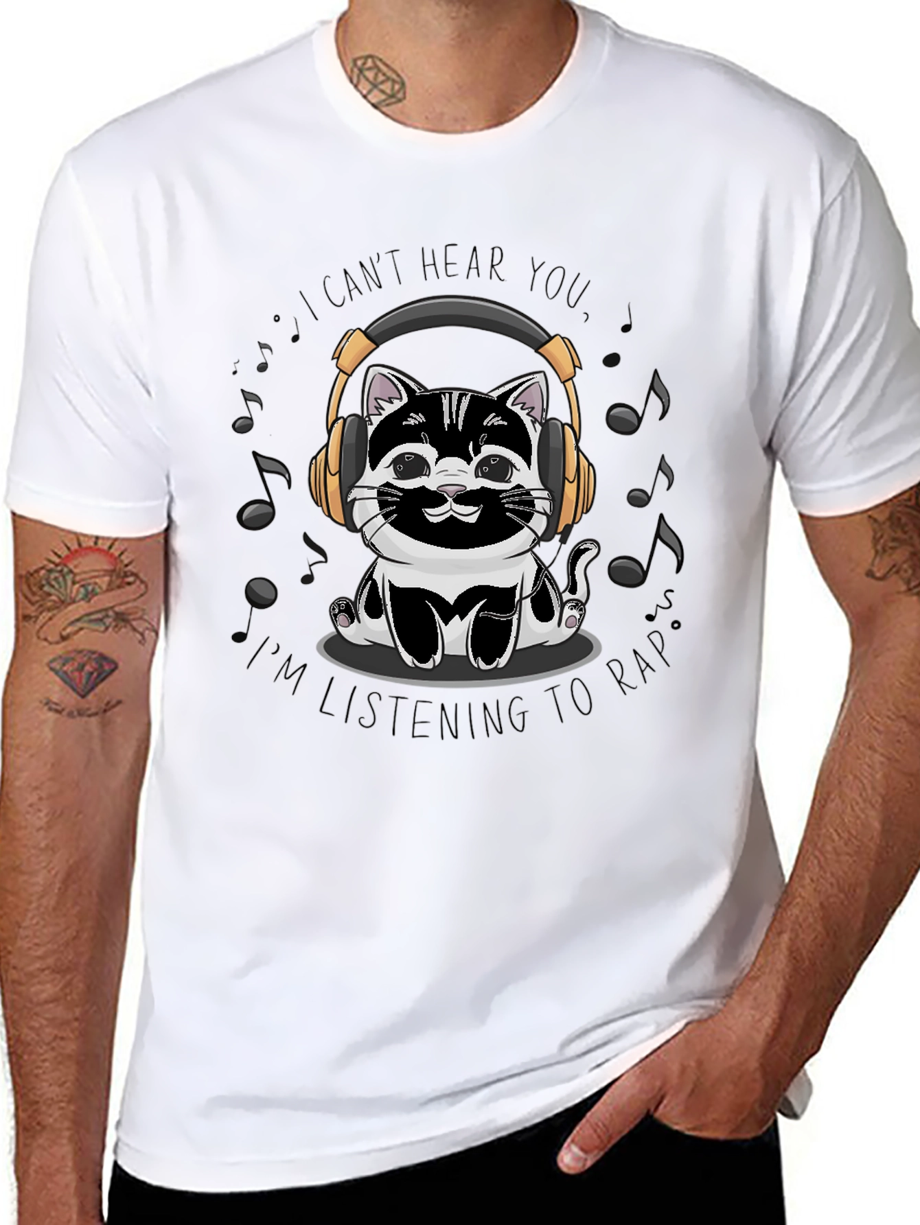 Black Cat Headphones T-Shirt - I Can't Hear You, Listening to Rap view 8