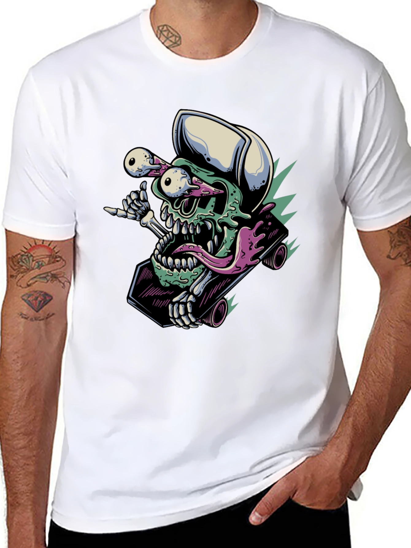 Black Skateboarding Skull T-Shirt - Unique Graphic Tee view 8