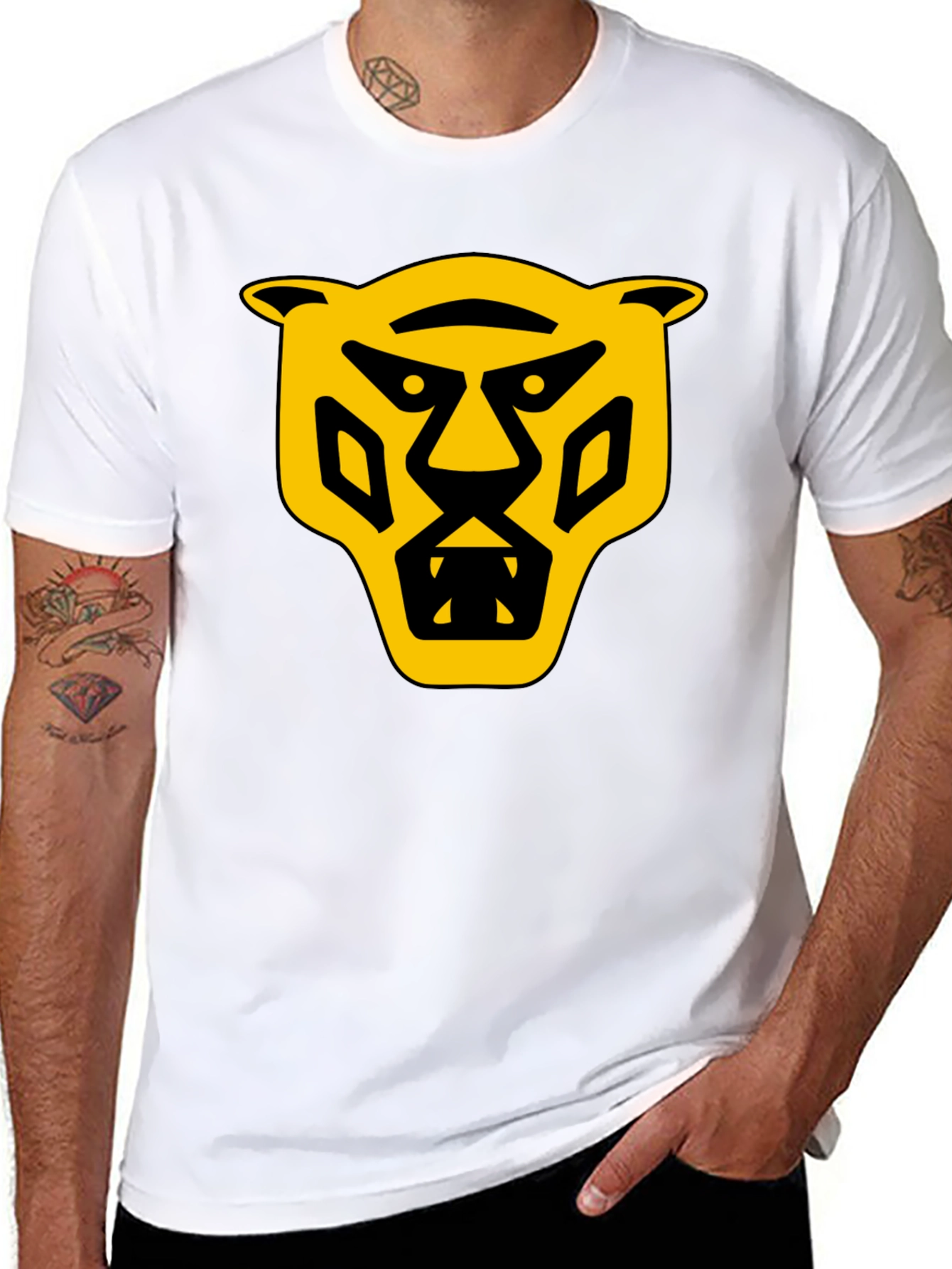 Black Bold Graphic T-Shirt: Yellow Panther Design view 8
