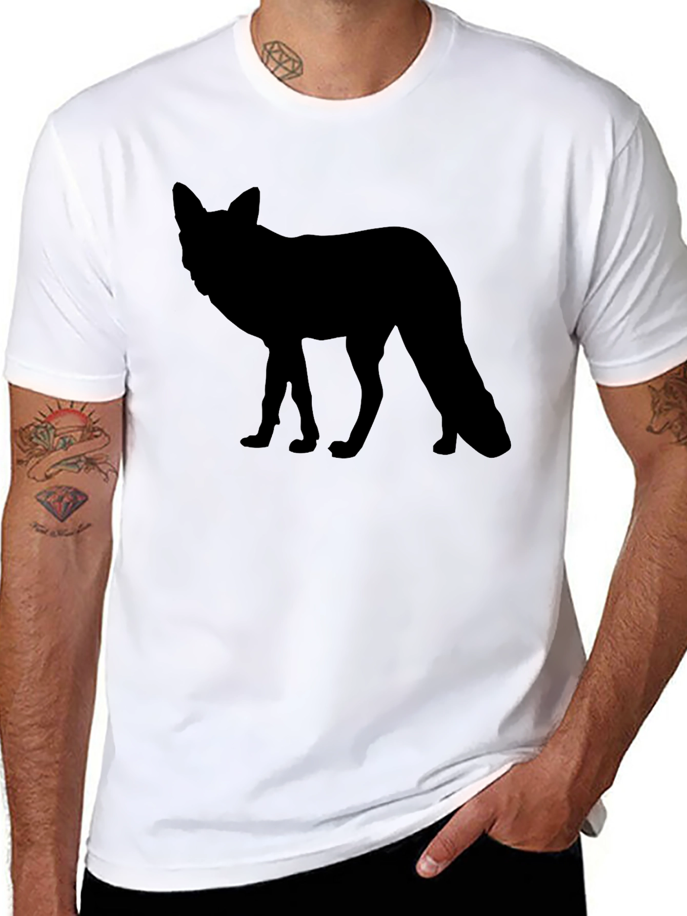Black Men's Black T-Shirt - Fox Silhouette view 8