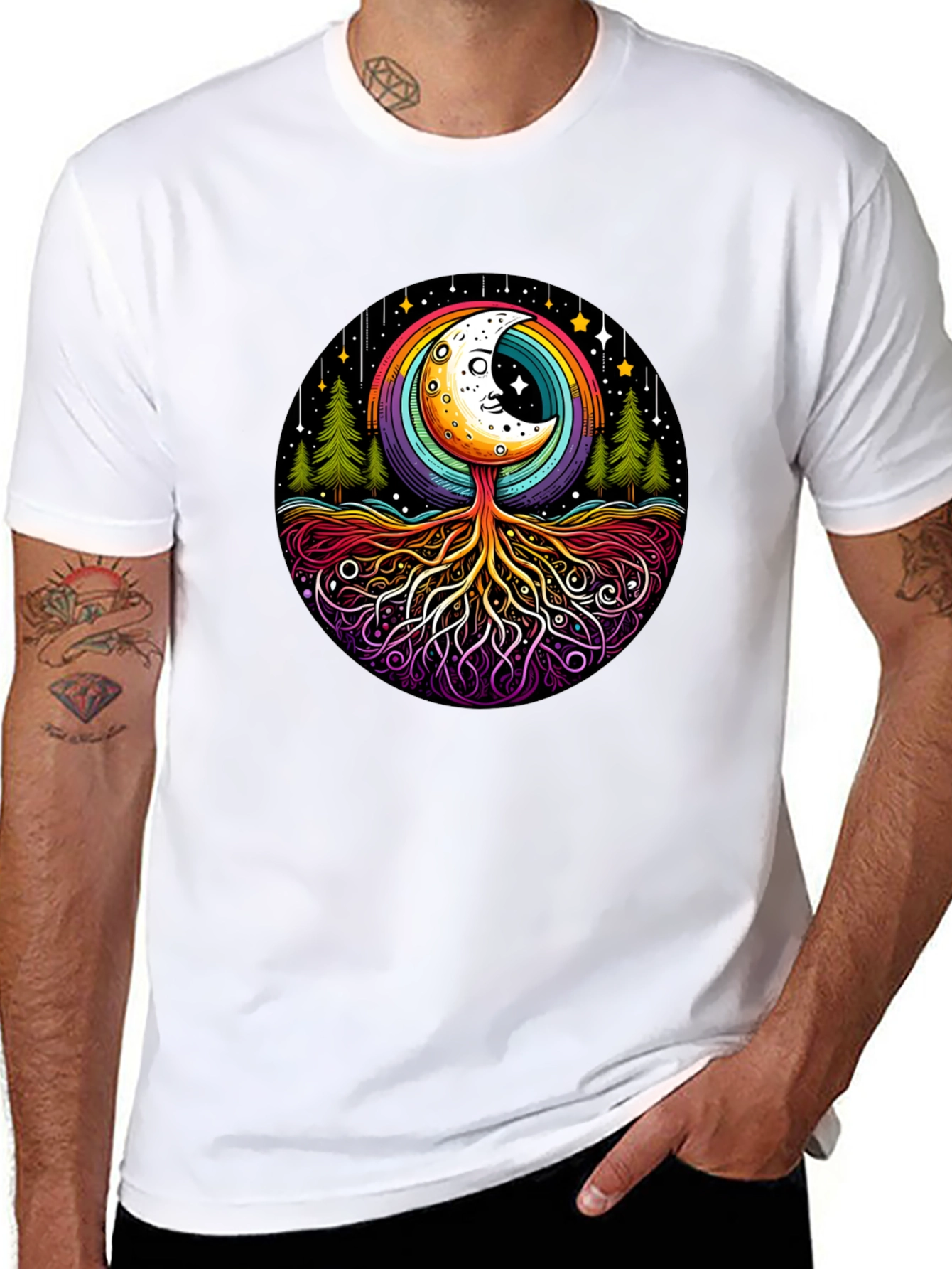 Black Rainbow Moon Tree Graphic Tee - Black Cotton Blend view 8