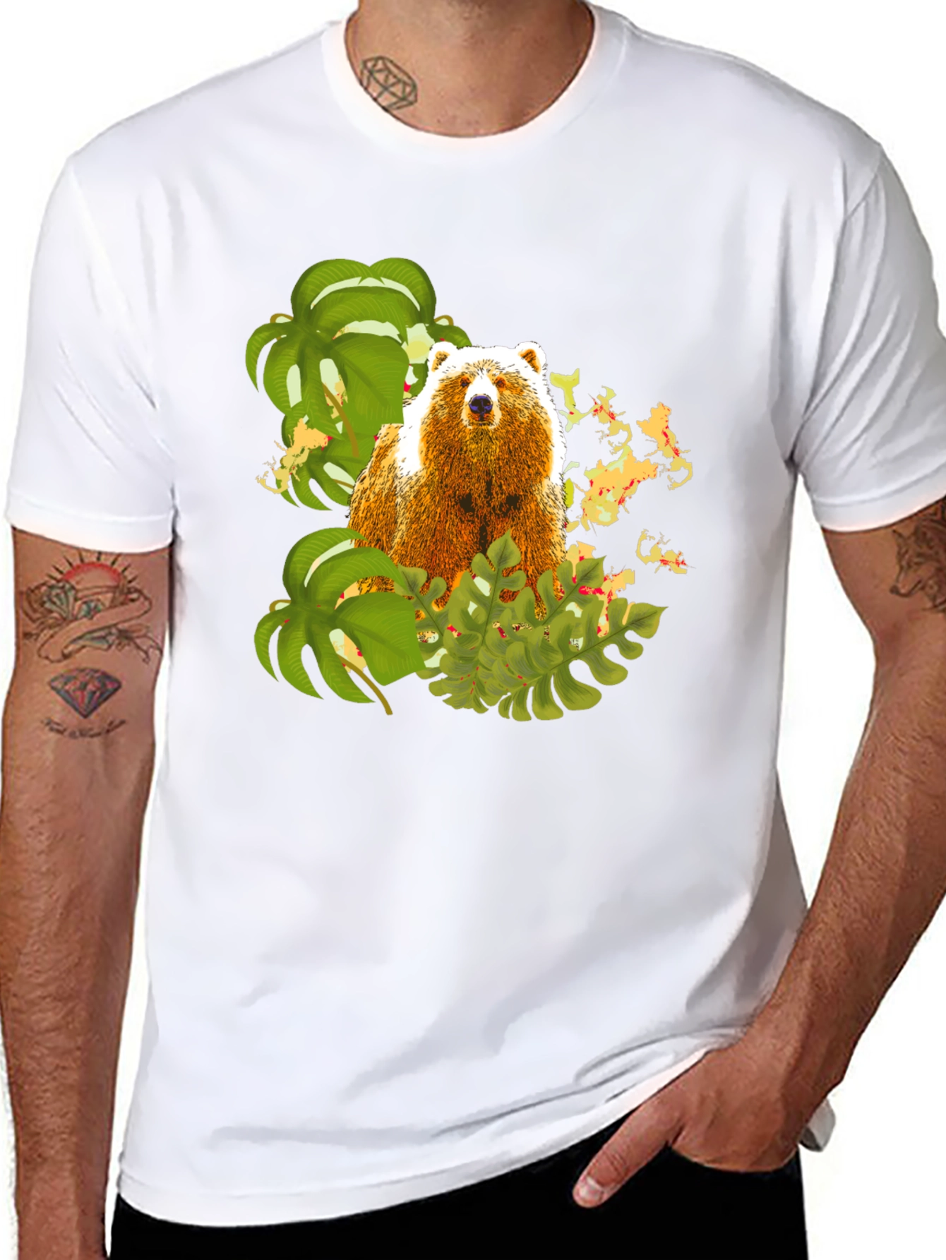 Black Bear and Tropical Leaves Graphic Tee view 8