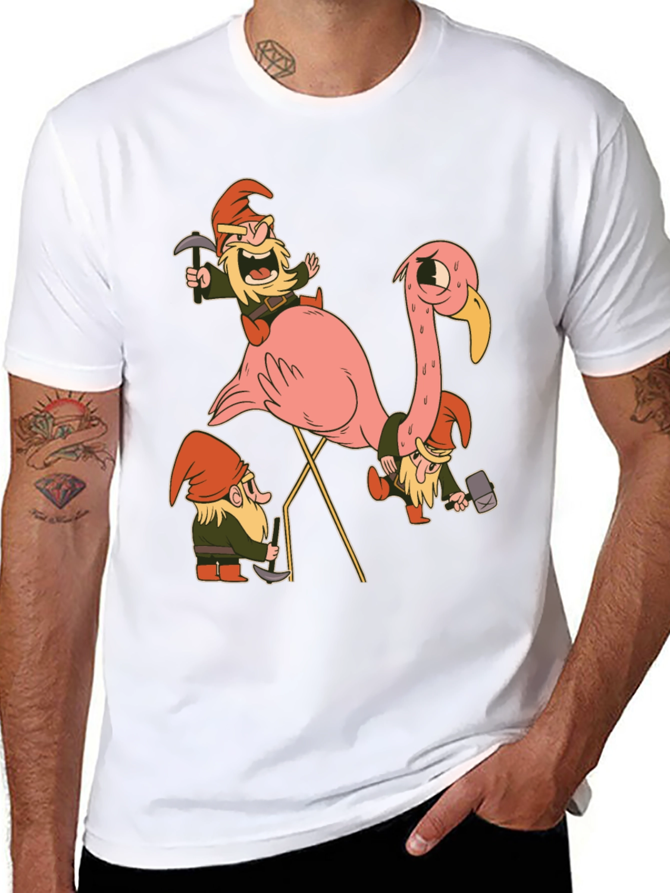 Black Gnomes Riding Flamingo Black T-Shirt view 8