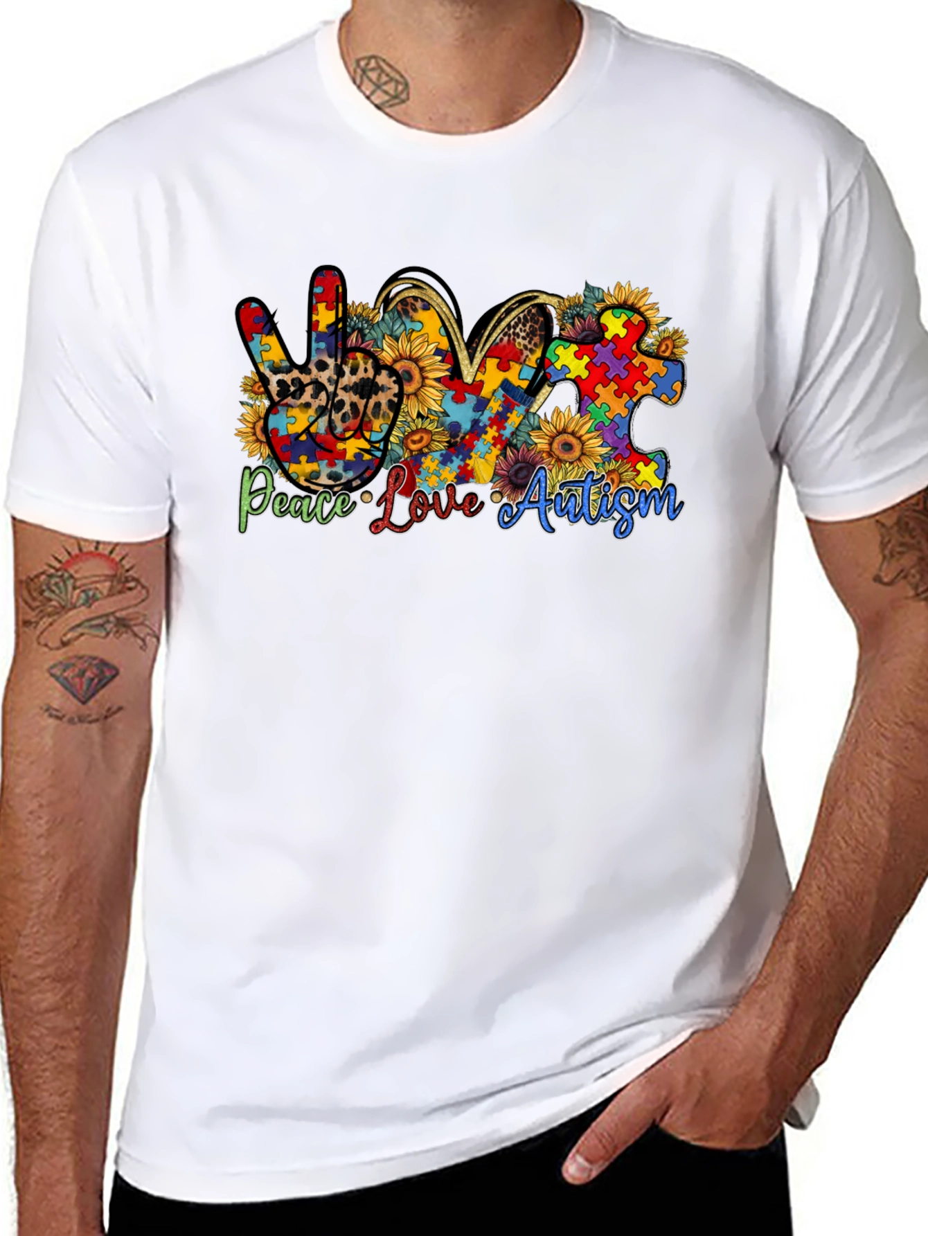 Black Peace Love Autism Awareness T-Shirt view 8