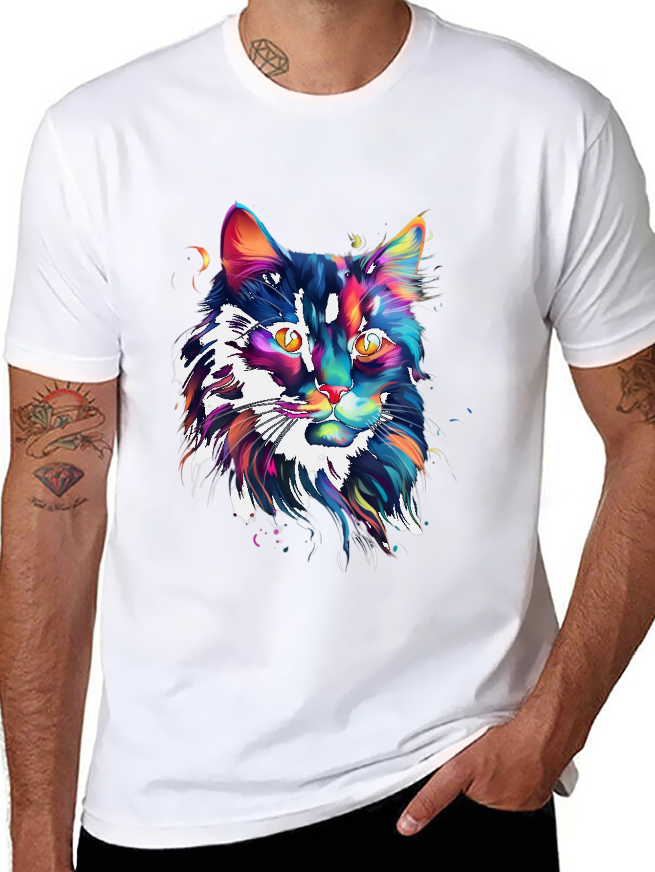 Black Colorful Cat Graphic Black T-Shirt view 8