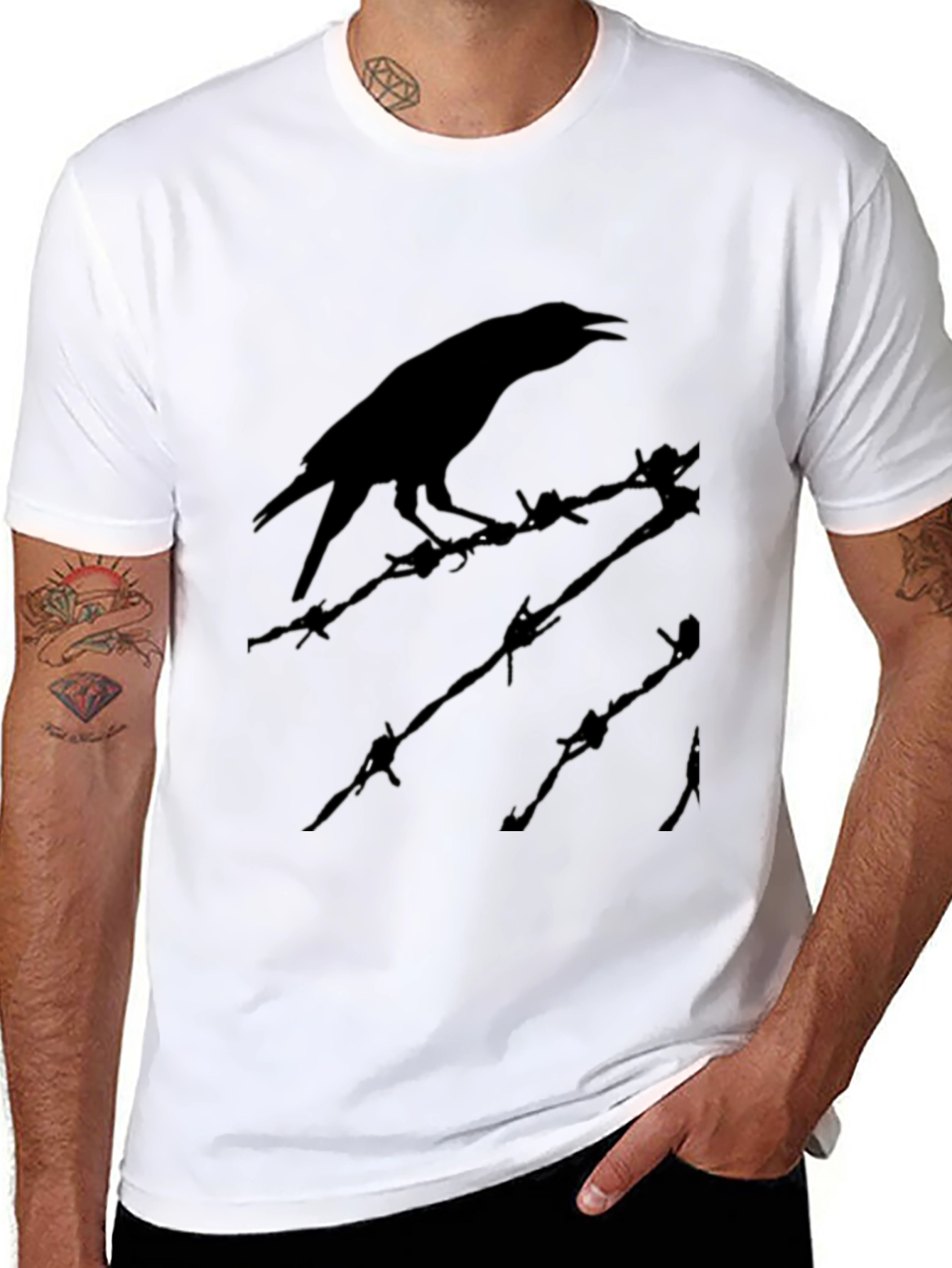 Black Raven on Barbed Wire T-Shirt - Edgy Graphic Tee view 8