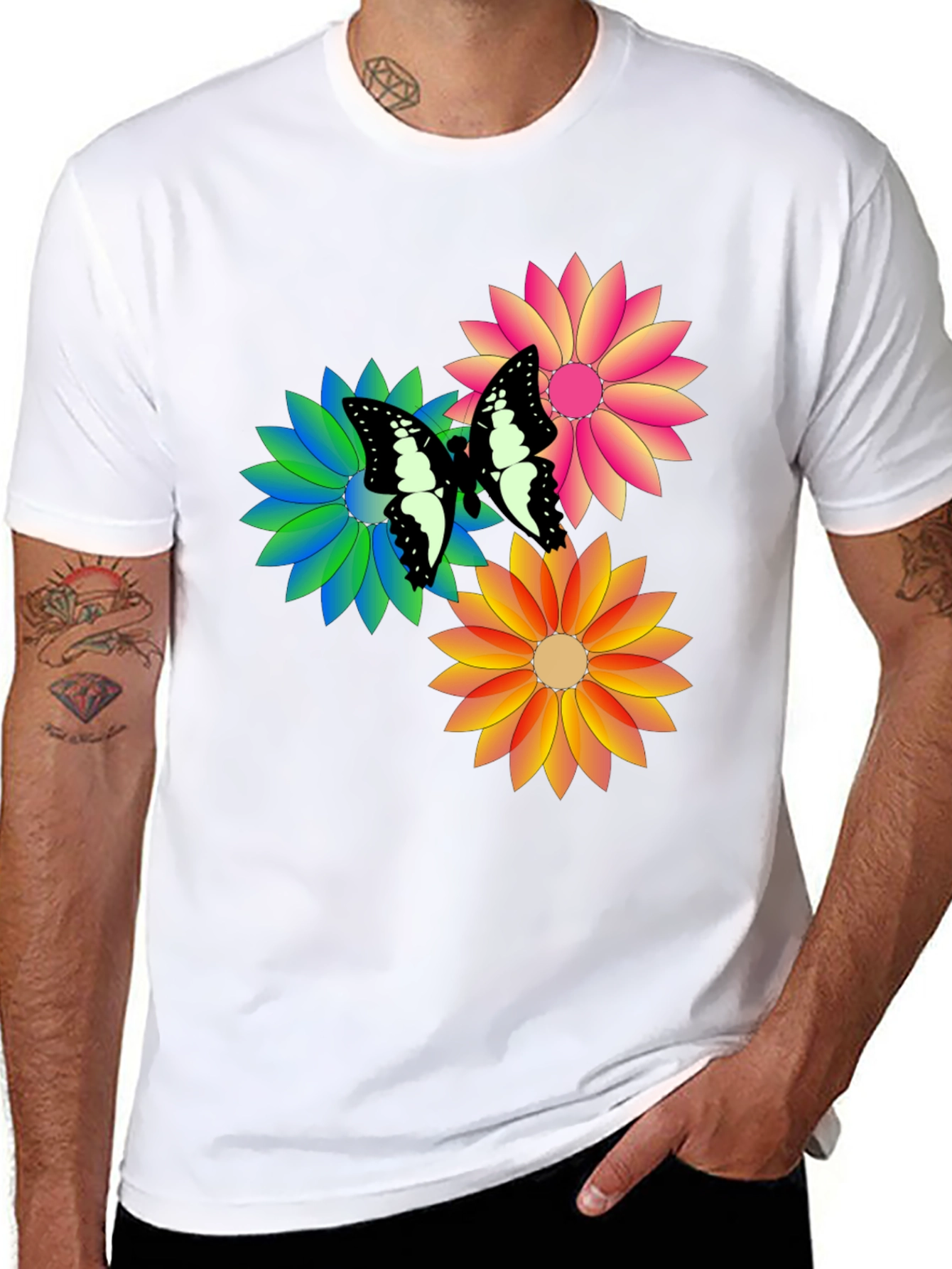 Black Butterfly & Flowers Graphic Print Black T-Shirt view 8