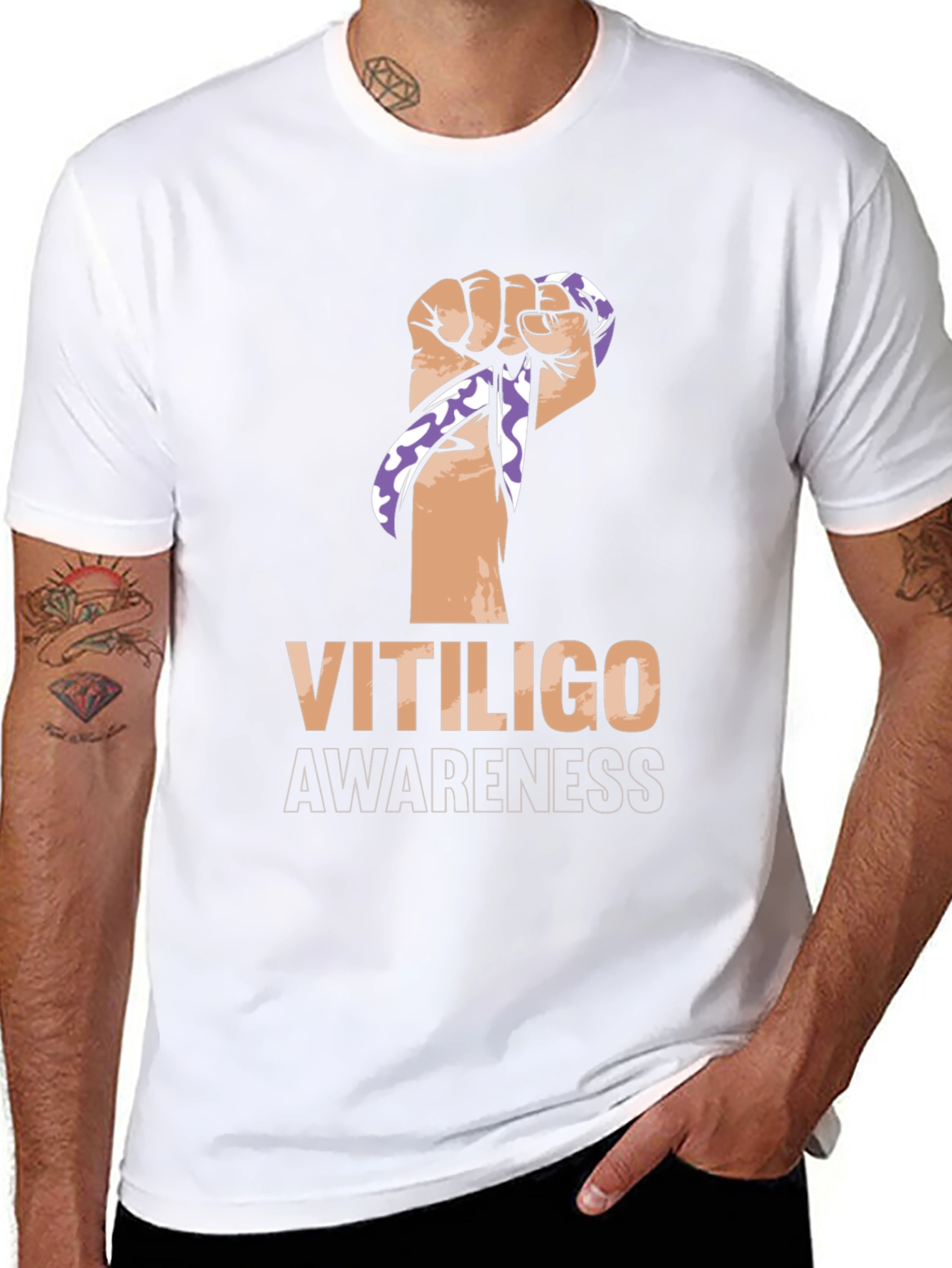 Black Vitiligo Awareness Ribbon Fist Black T-Shirt view 8