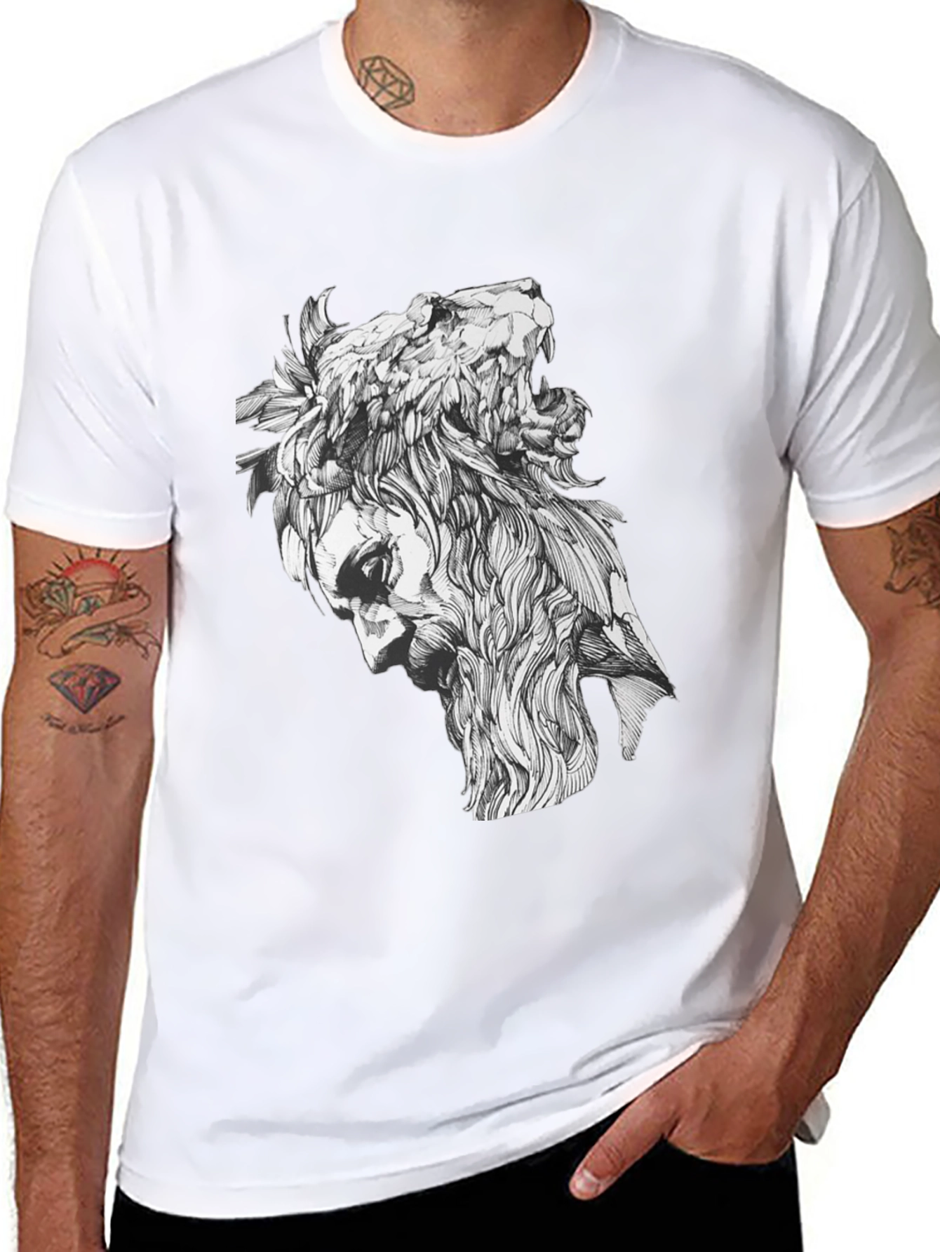 Black Lion Man Graphic Tee - Black Cotton Blend view 8