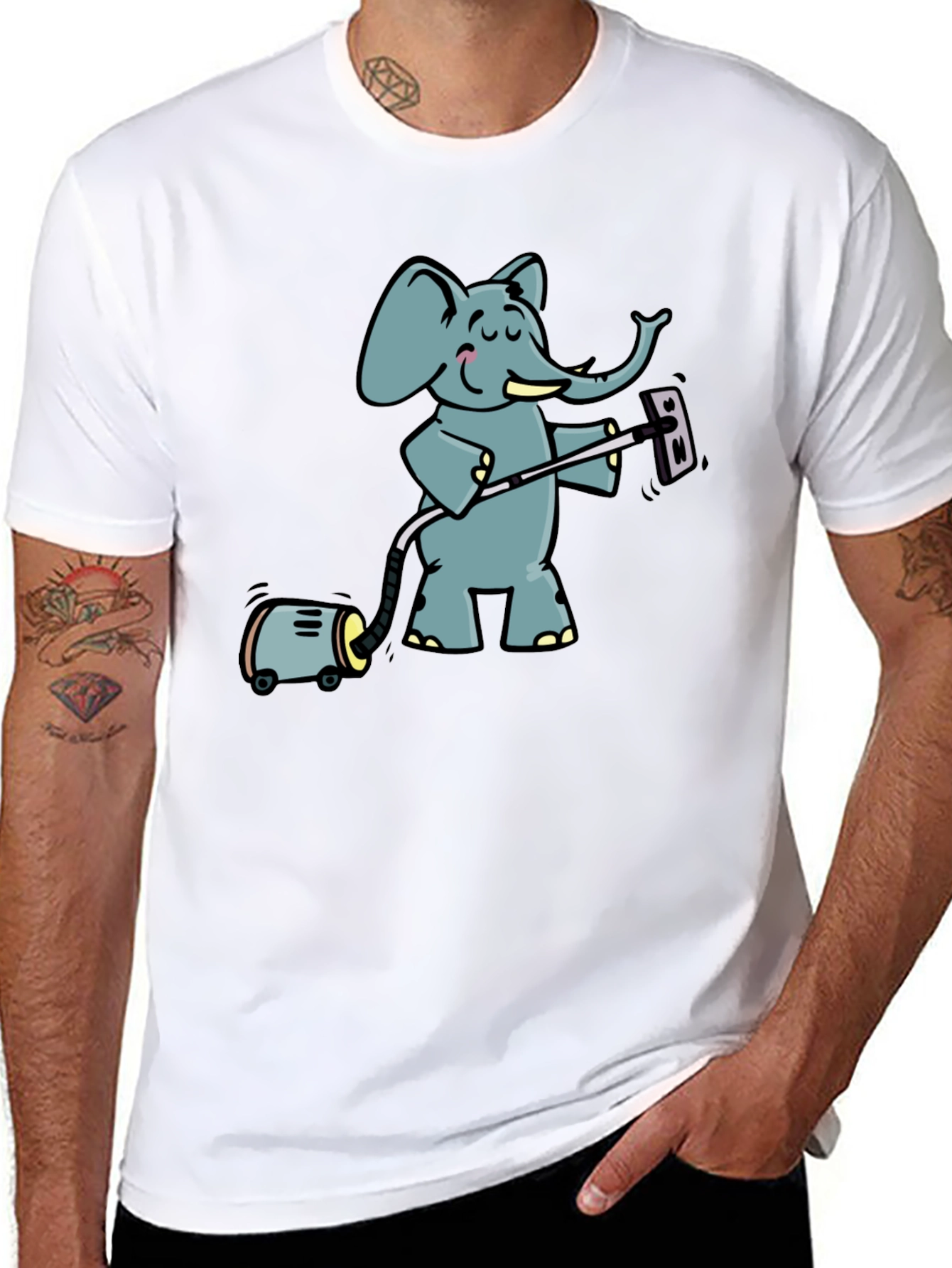 Black Elephant Vacuuming T-Shirt - Cute Cartoon Graphic Tee view 8