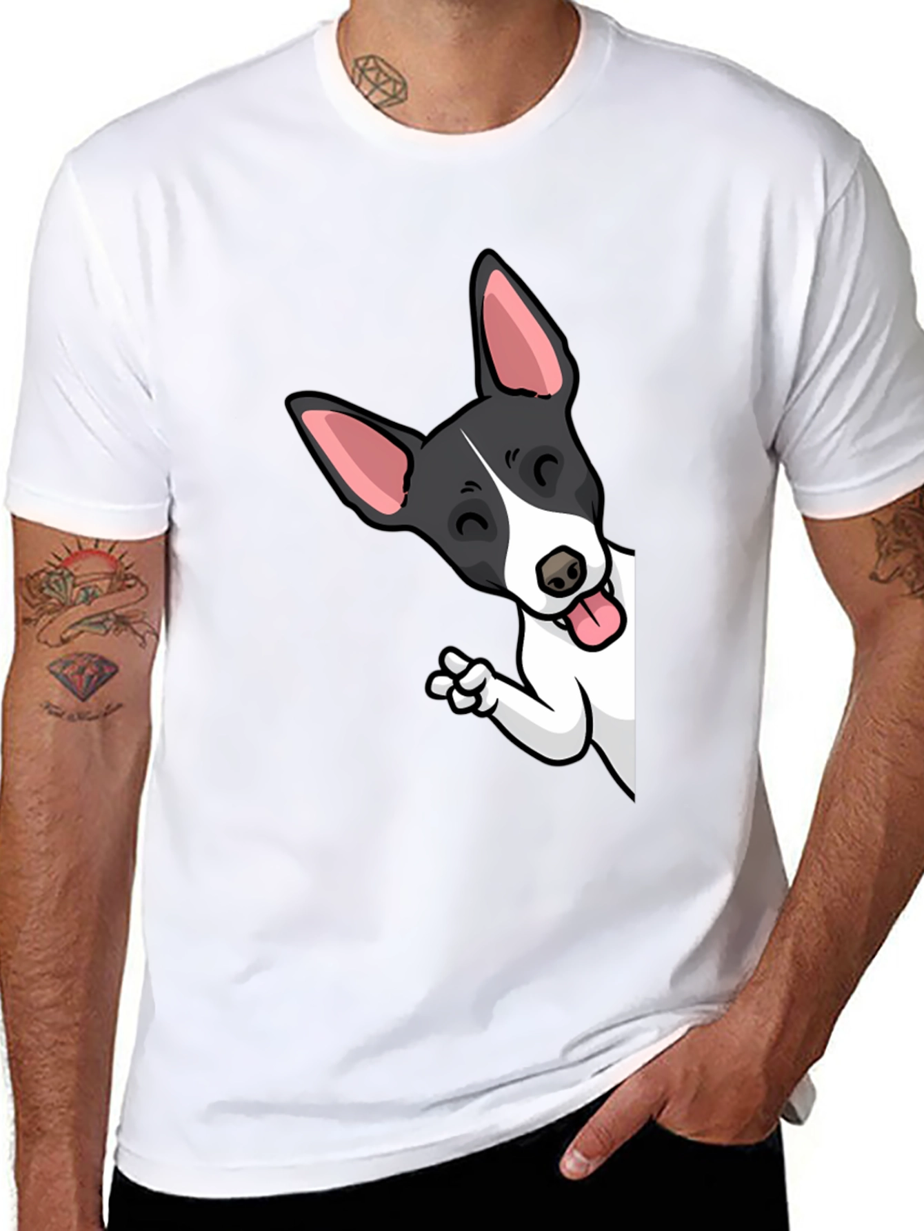Black Cartoon Dog Peek-a-Boo Graphic Tee - Unisex Black T-Shirt view 8