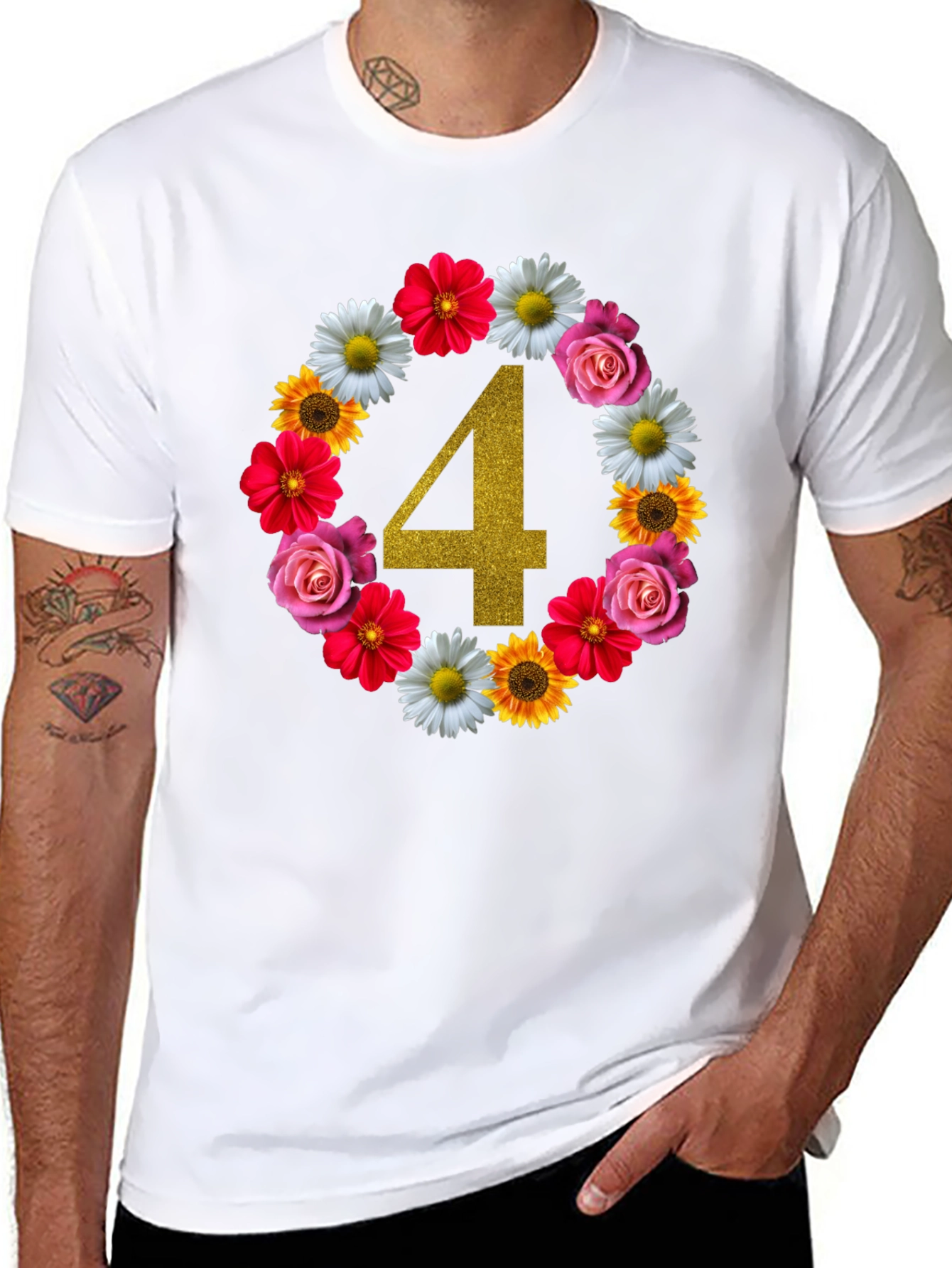 Black Floral Number 4 Birthday T-Shirt view 8