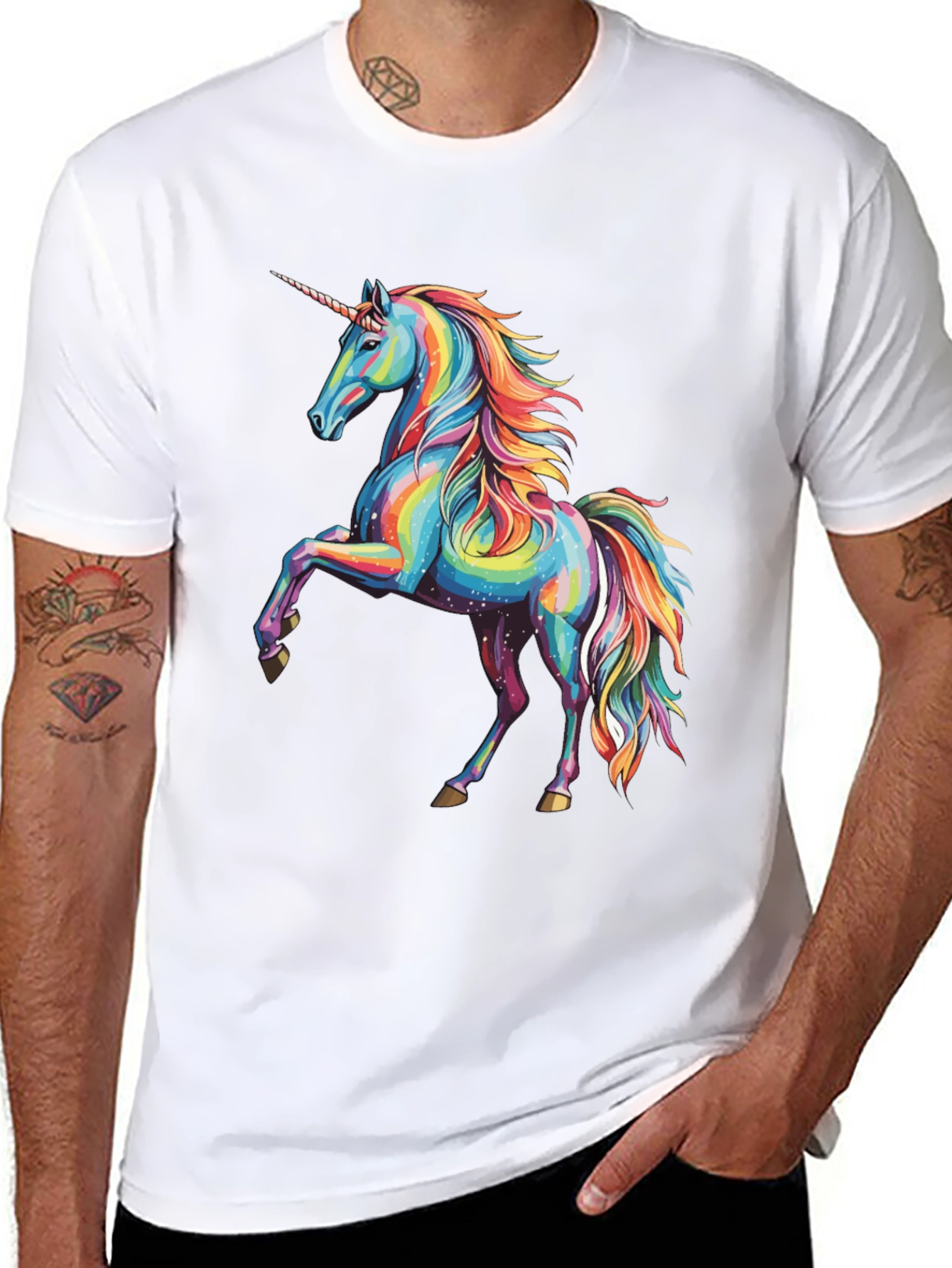 Black Rainbow Unicorn Graphic Print Crew Neck T-Shirt view 8