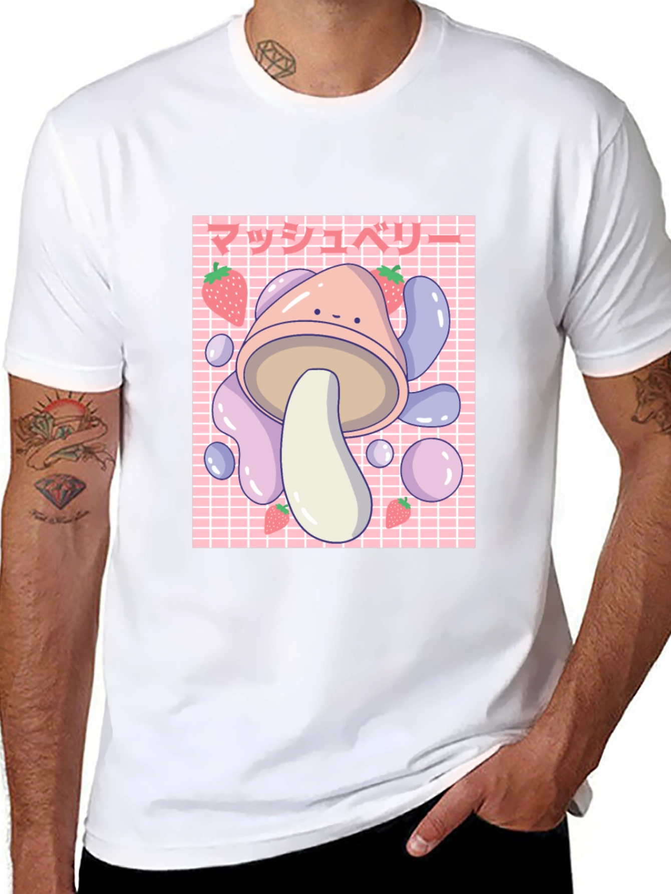 Black Cute Mushroom & Strawberry Graphic T-Shirt view 8