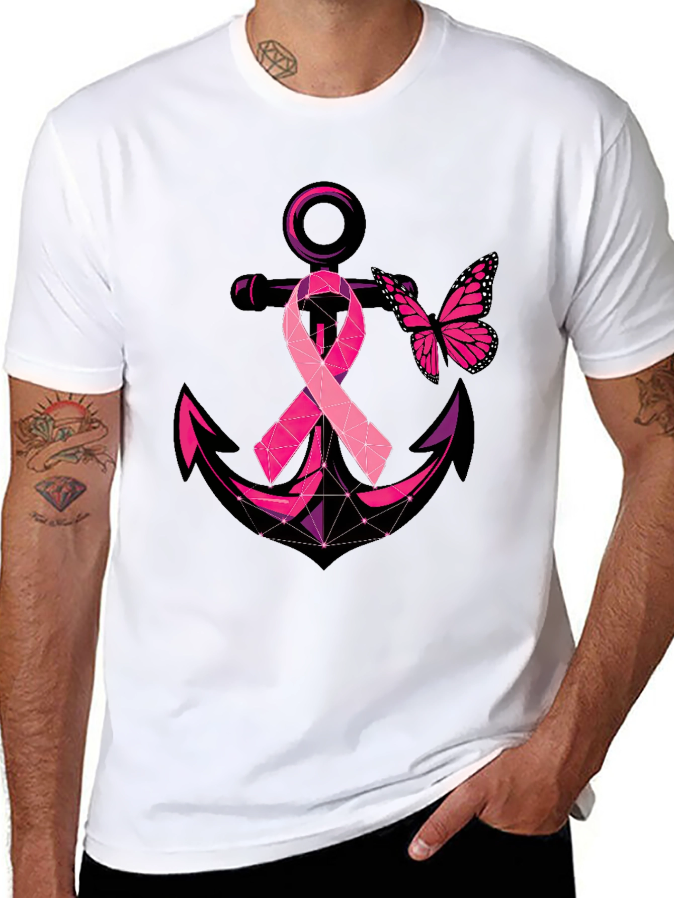 Black Breast Cancer Anchor Butterfly T-Shirt view 8