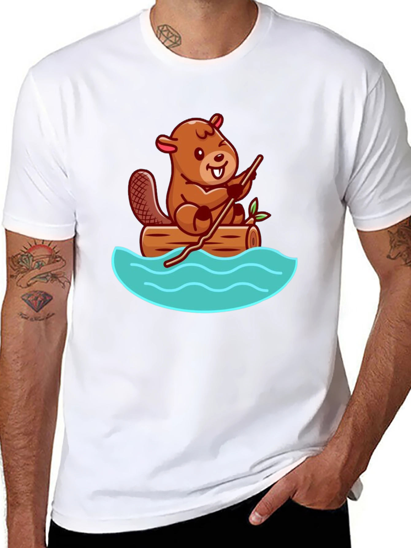 Black Beaver on Log Cartoon T-Shirt - Unisex Crew Neck view 8