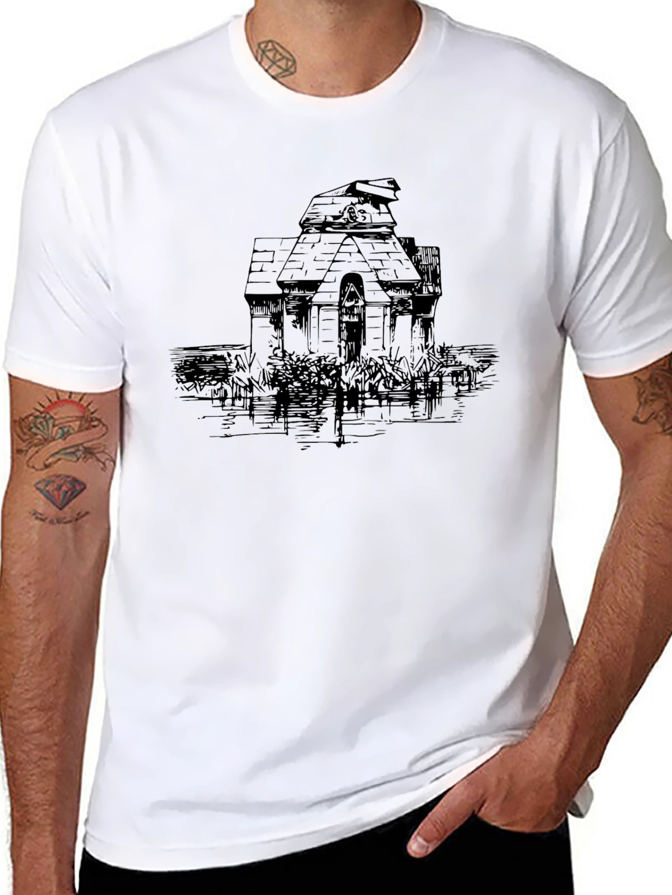 Black Men's Black Tee with Haunted House Graphic view 8
