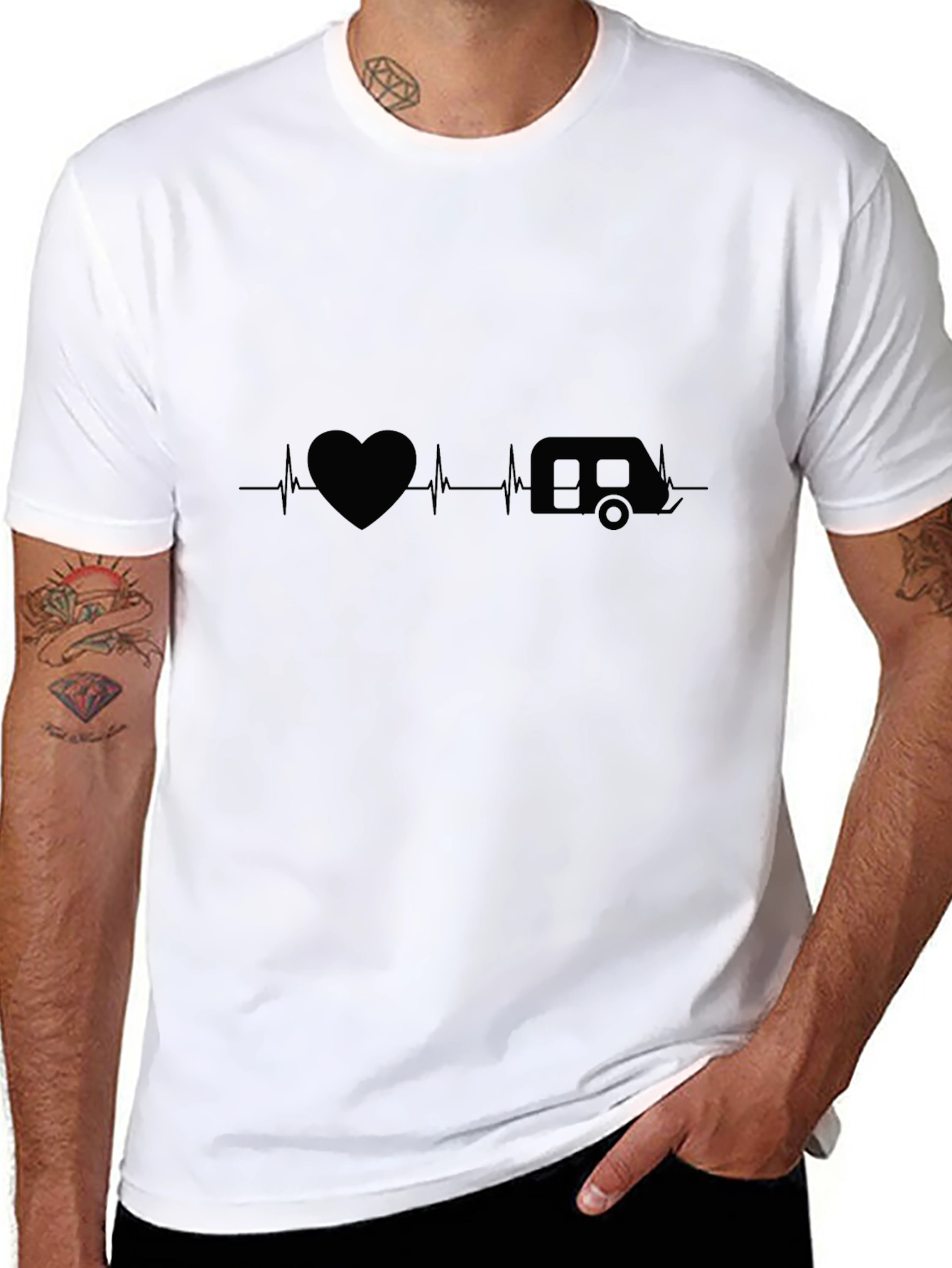 Black Camping Heartbeat T-Shirt - Black Cotton Tee view 8