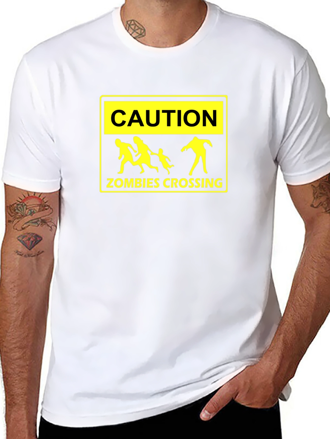 Black Caution Zombies Crossing Graphic T-Shirt view 8
