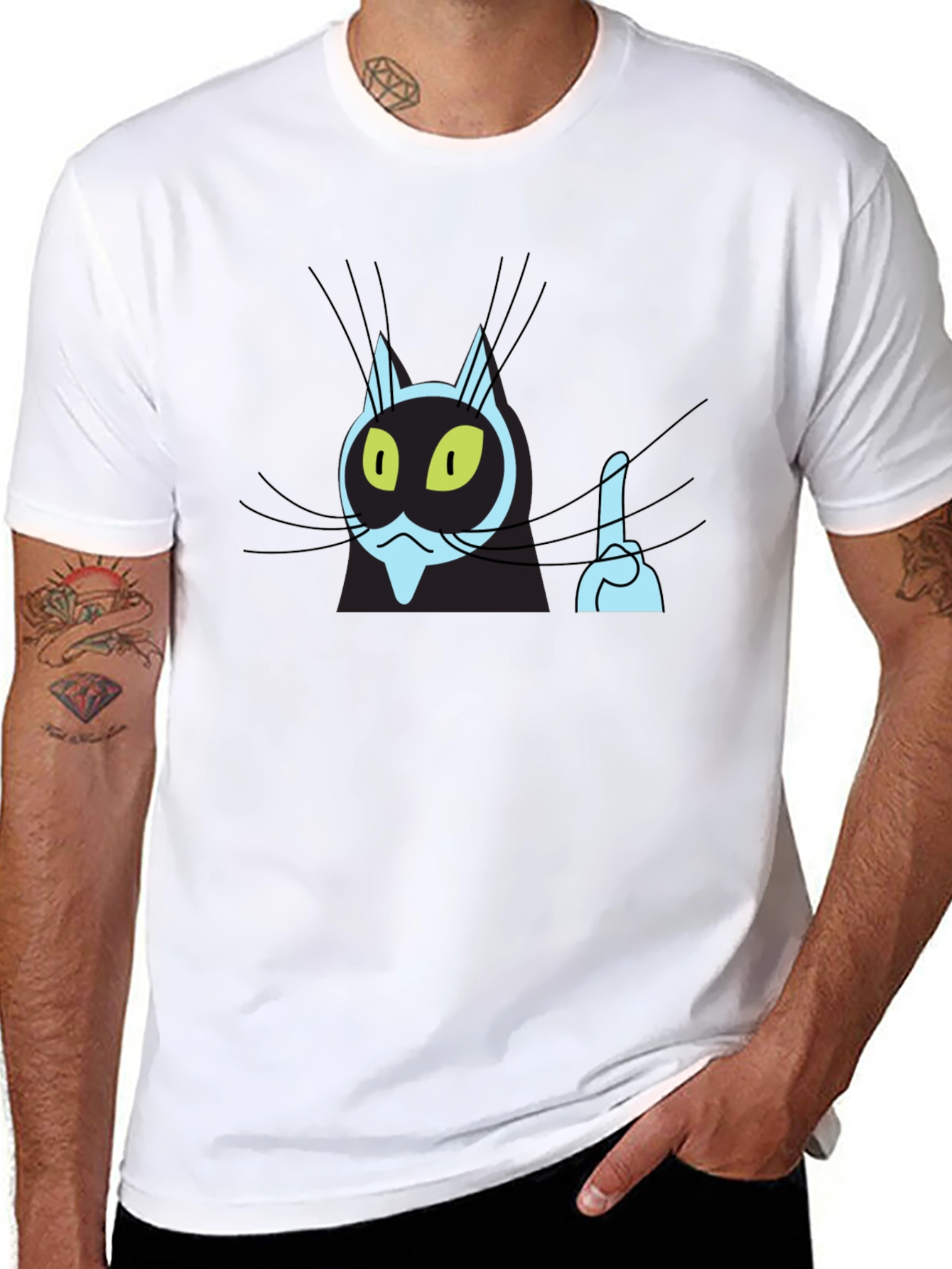 Black Cartoon Cat Middle Finger Graphic Tee - Black view 8