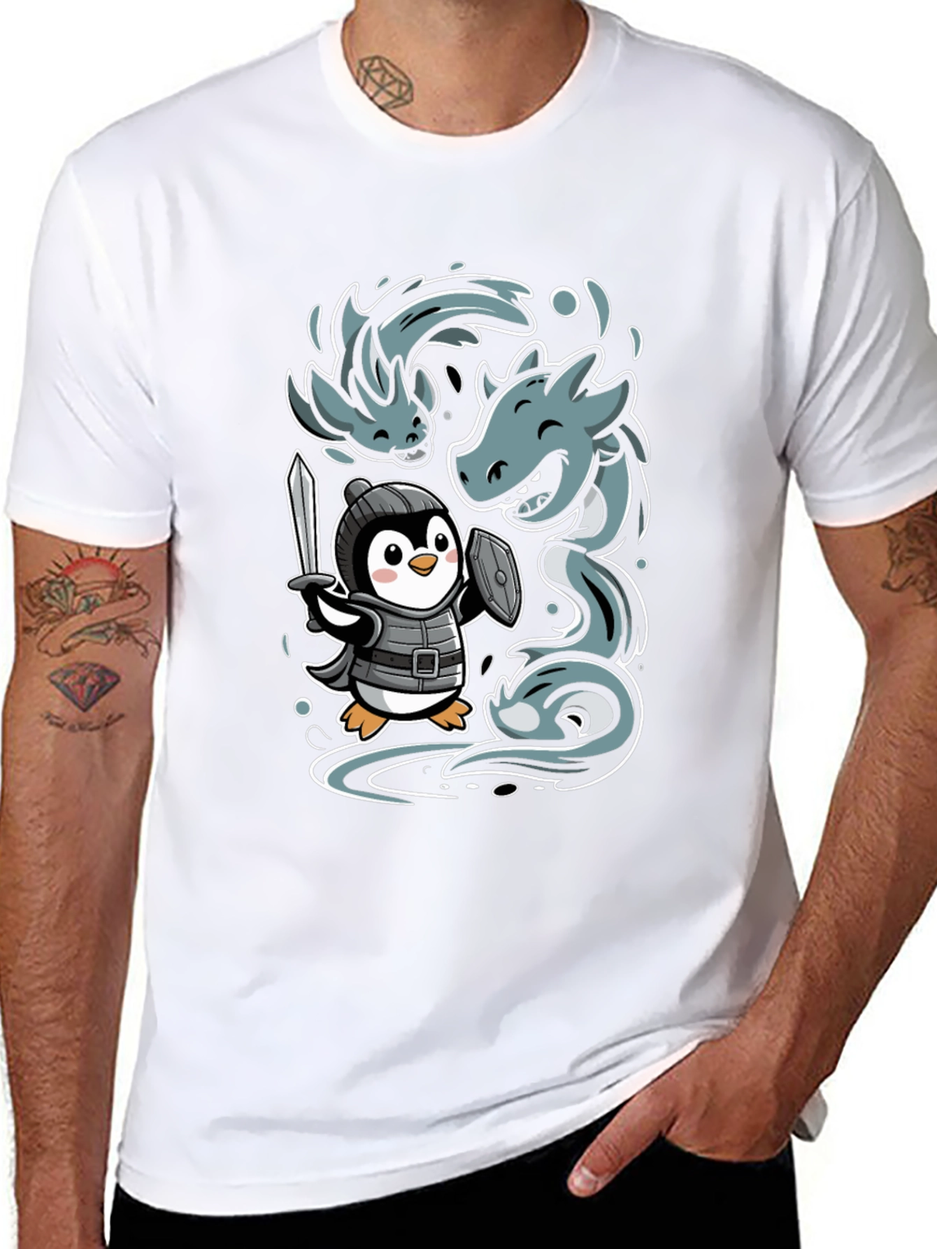 Black Penguin Knight vs Sea Serpent Graphic Tee view 8