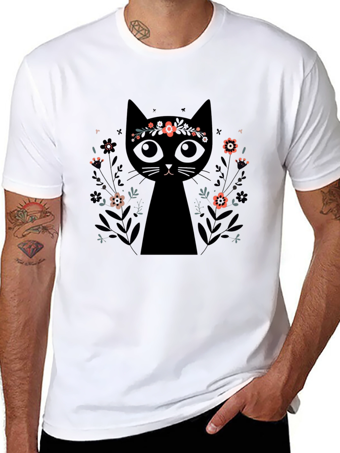 Black Black Cat Floral Crown T-Shirt - Trendy Graphic Tee view 8