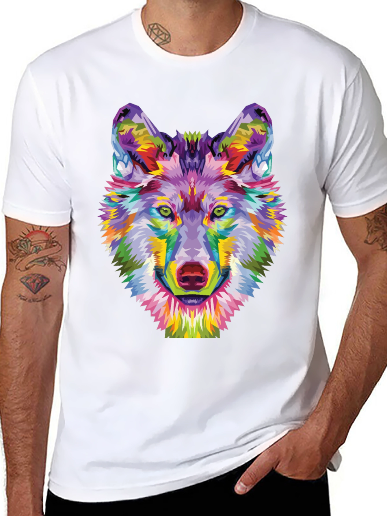 Black Colorful Wolf Graphic Tee - Unique Art Shirt view 8