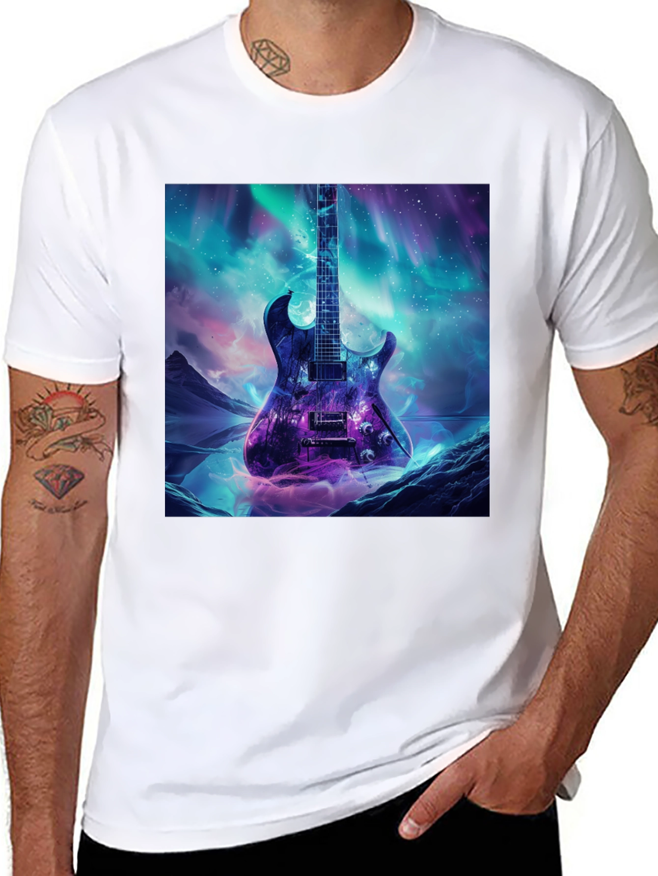 Black Guitar Galaxy Graphic Tee - Black Cotton T-Shirt view 8
