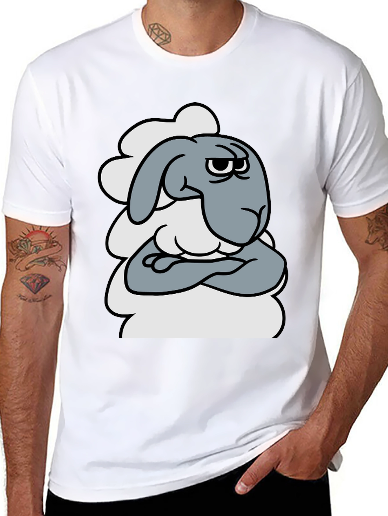 Black Grumpy Cartoon Sheep T-Shirt - Funny Animal Graphic Tee view 8